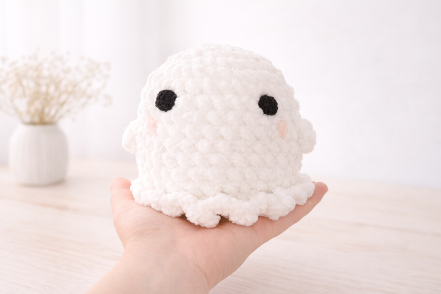 Ghost amigurumi crochet pattern showing body, eyes and blush