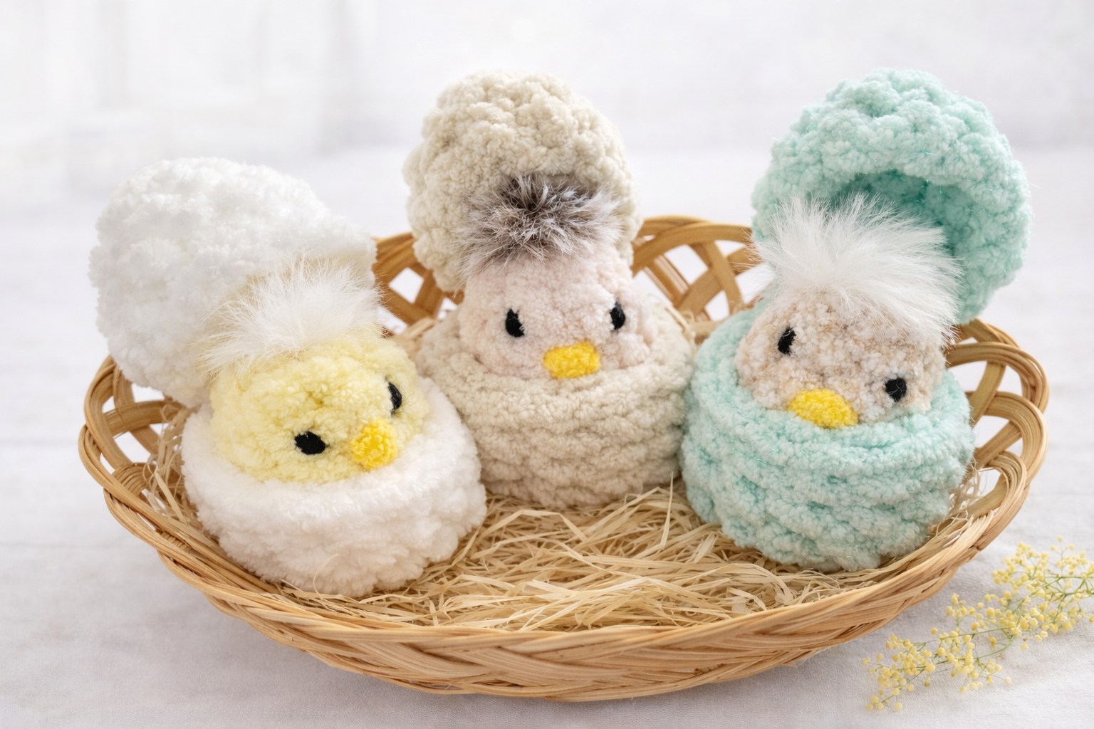 Mini peekaboo chick crochet pattern in egg with pastel Easter decor, easy amigurumi project