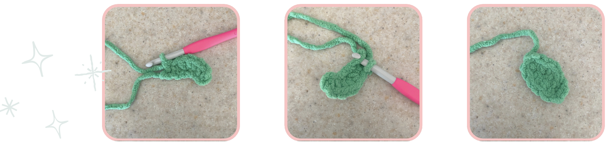 Close-up of a crocheted green leaf piece attached to plush yarn during a crochet lovey pattern step.