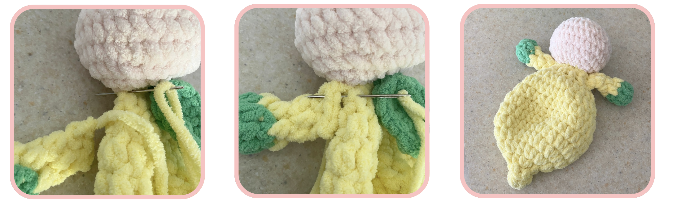 Crochet assembly tutorial photos showing arm placement and sewing for the Lila the Lemon Lovey crochet pattern using plush yellow and green yarn.