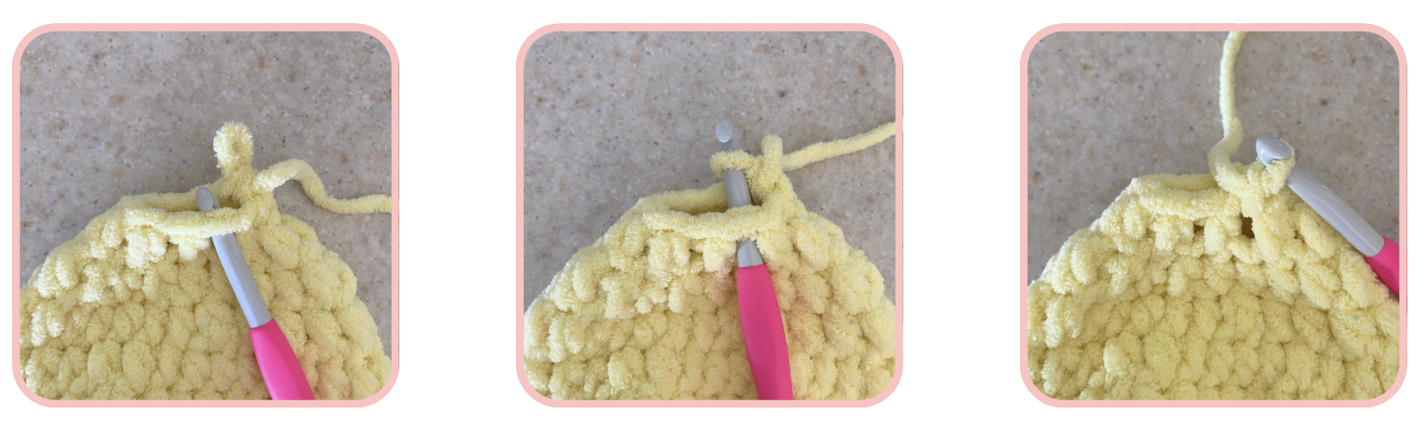 Step-by-step crochet tutorial photos showing how to close the body of the Lila the Lemon Lovey crochet pattern using plush yellow yarn and stitch placement guidance.
