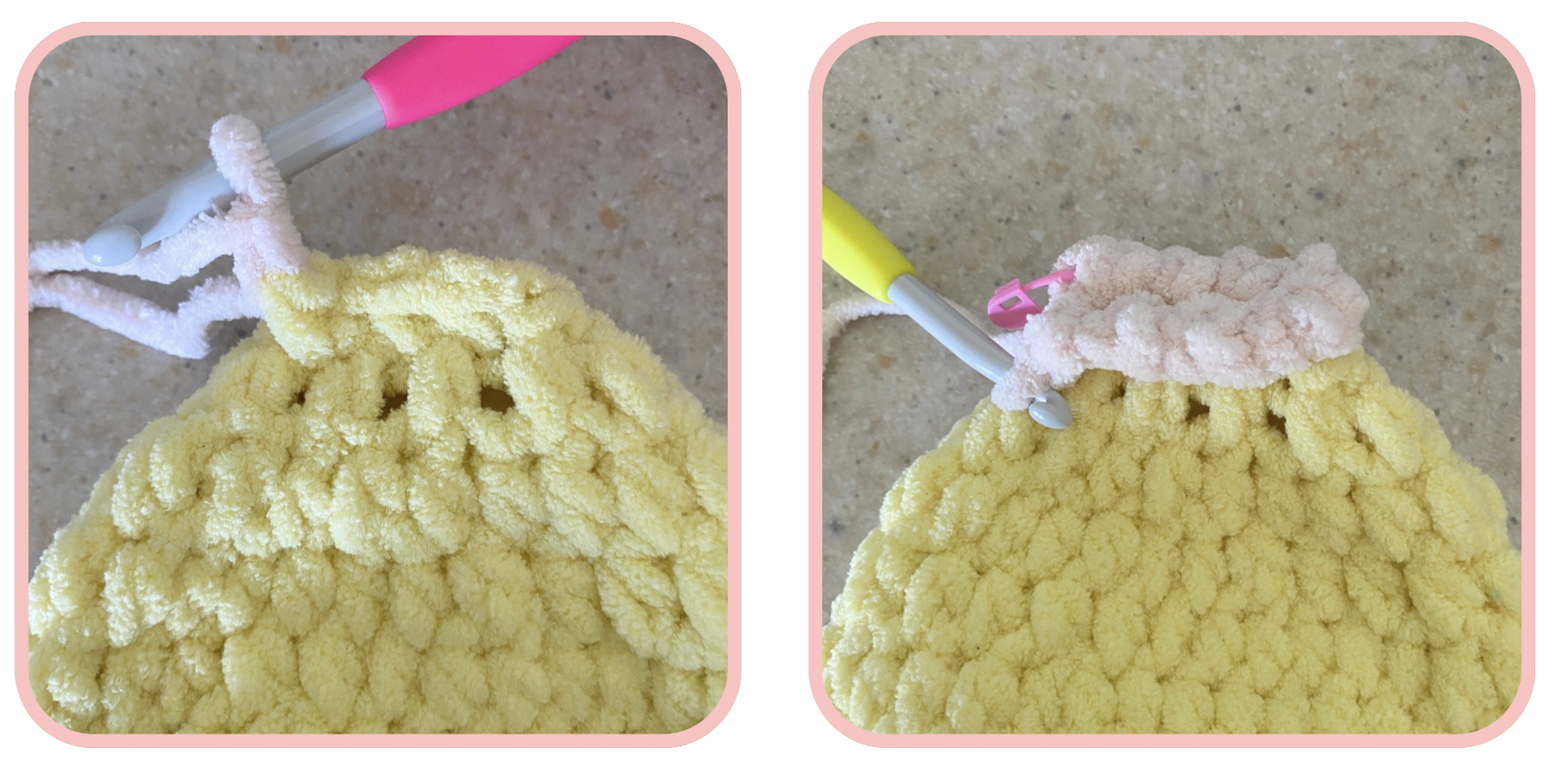 Crochet tutorial photos showing the beginning steps for starting the head section of the Lila the Lemon Lovey crochet pattern using plush yarn and stitch placement guidance.