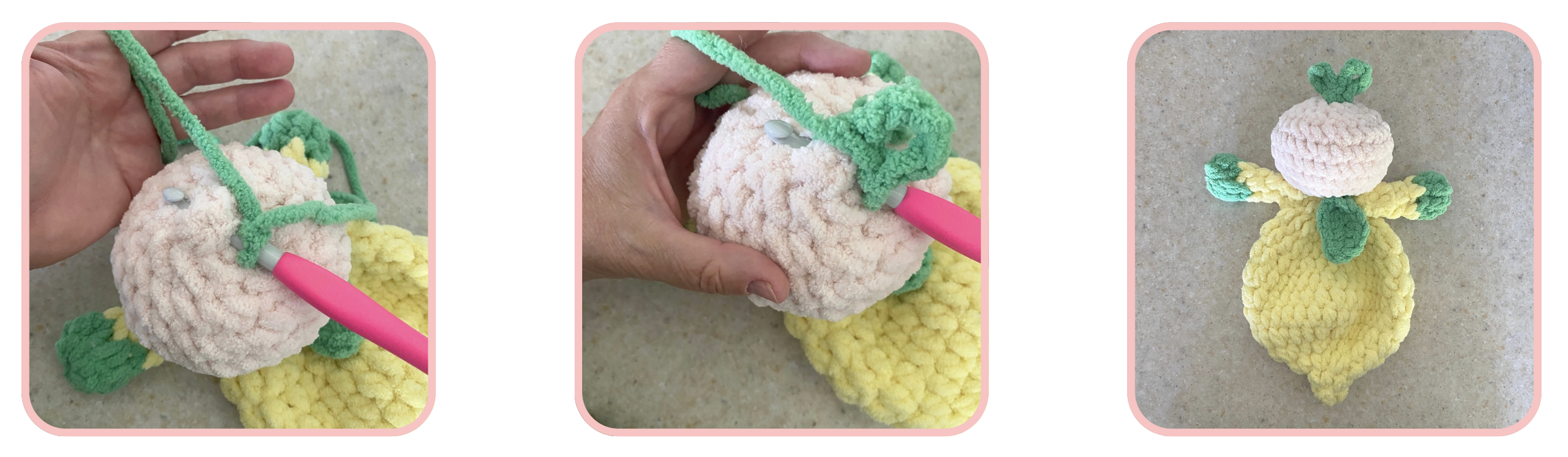 Instructions for attaching the crocheted leaflet to the top of the lemon lovey head.