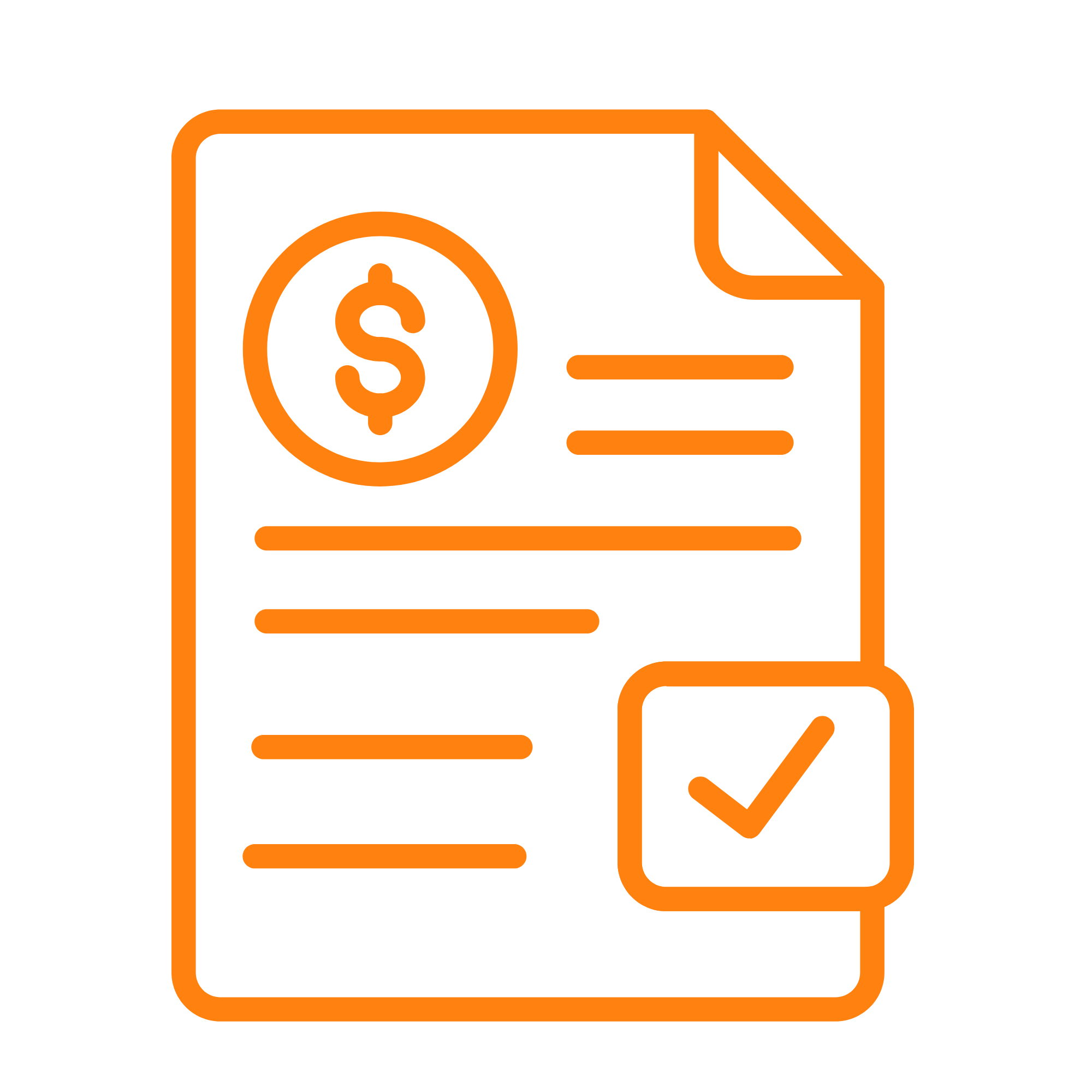 Outline of a paper document with a dollar sign inside a circle and lines representing text, along with a checkmark in a box, all in orange.