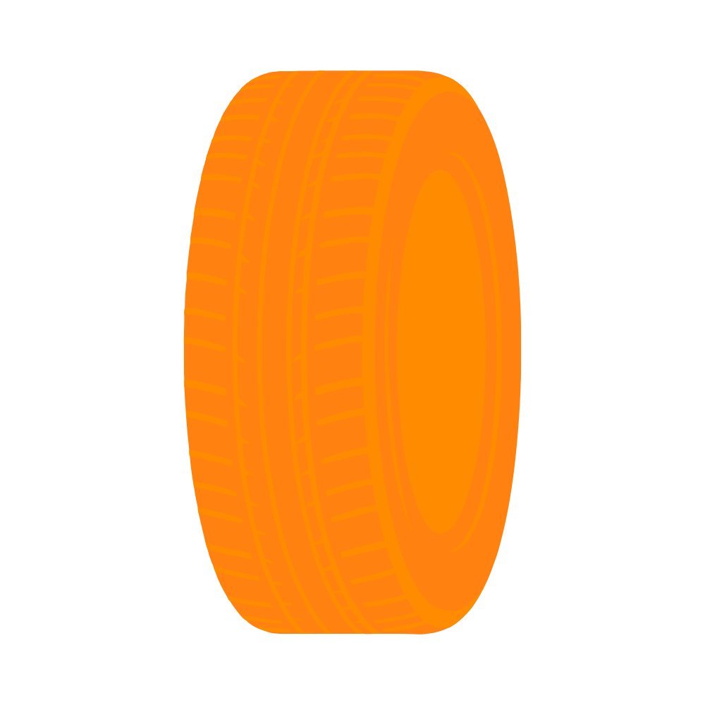 Graphic illustration of a single orange tire with detailed tread and sidewall design.
