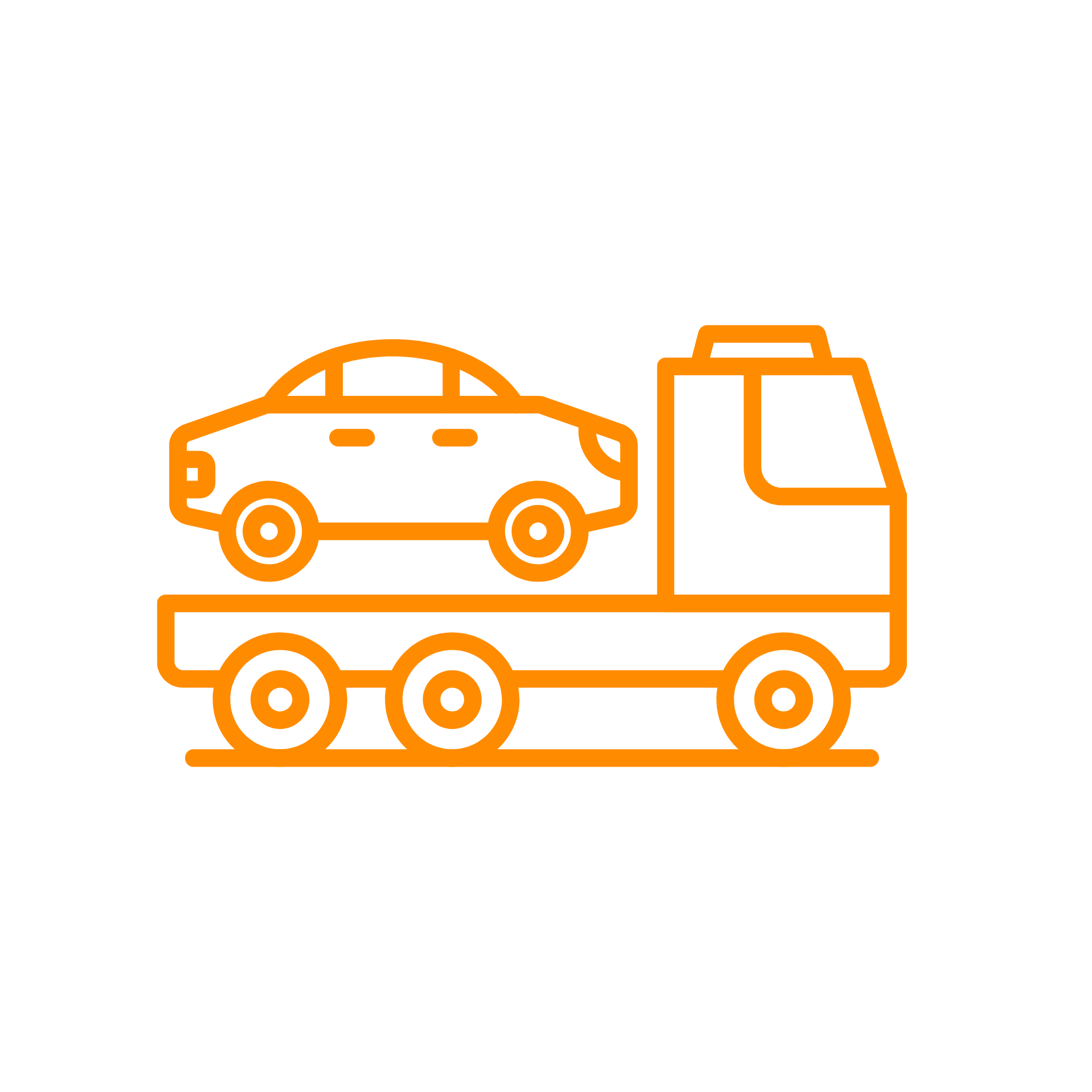 Outline illustration of a toy dump truck with a car, a suitcase, and a box