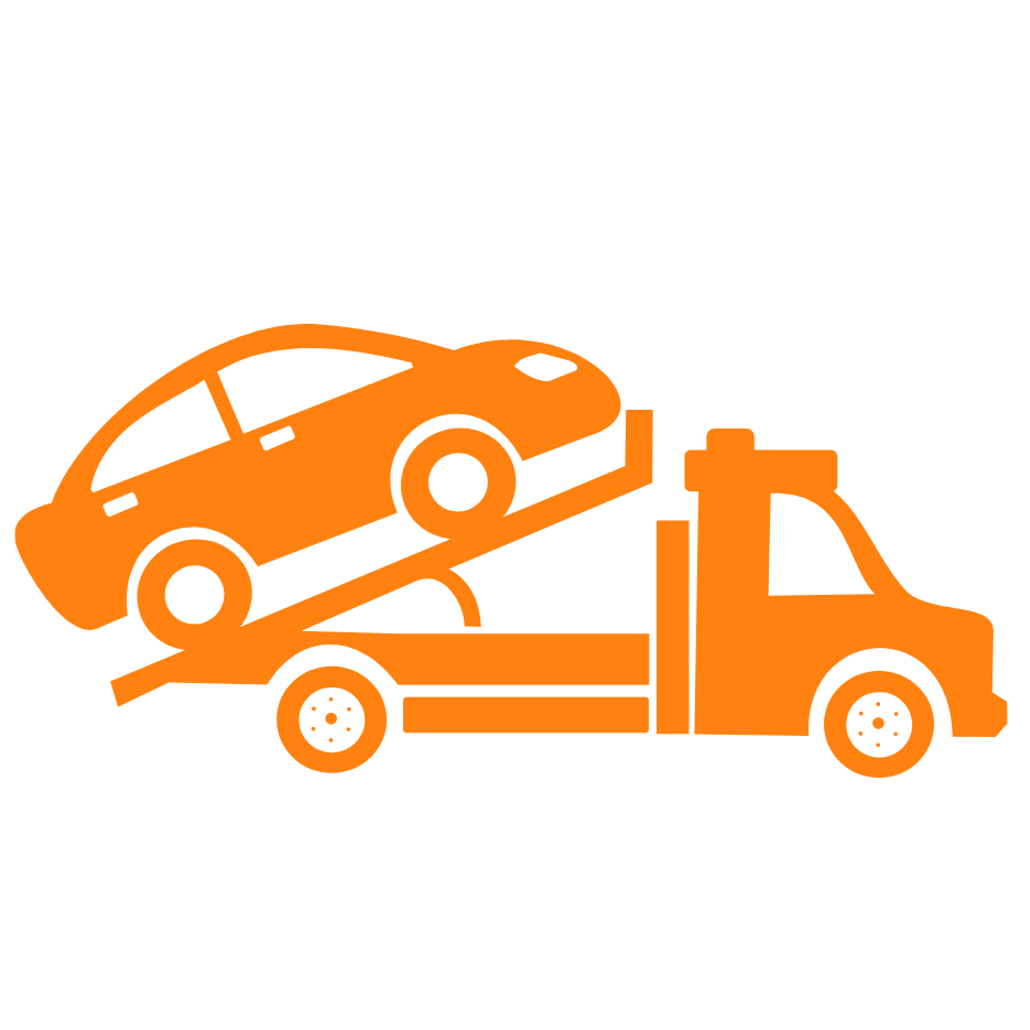 Orange tow truck carrying a car on its flatbed.
