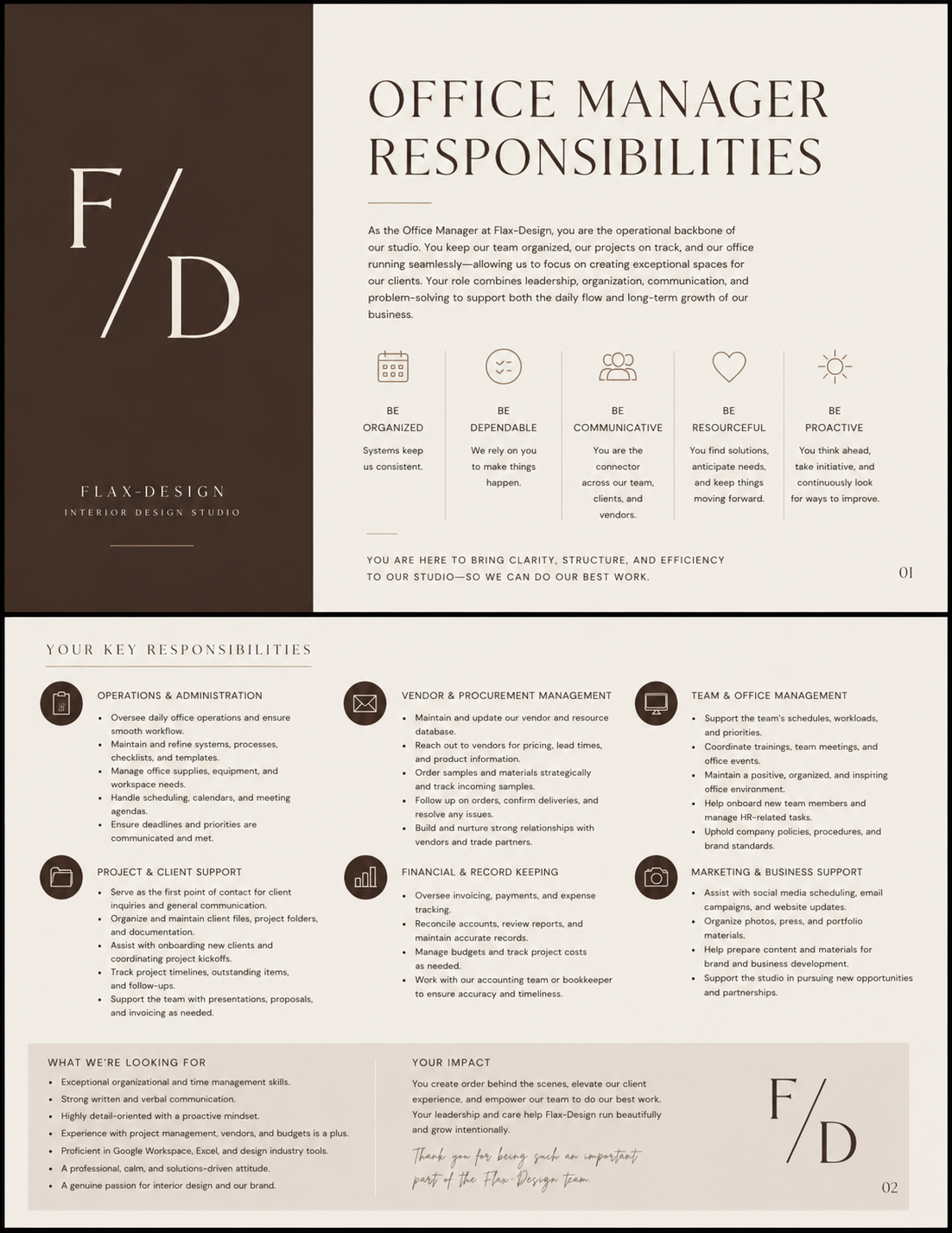 A professional two-page interior design studio overview document. The pages include sections on office manager responsibilities, key responsibilities like operations, vendor management, team management, project support, finance, and marketing. Icons 