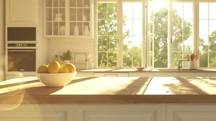 Bright kitchen with large windows, white cabinets, and a wooden countertop. A white bowl filled with yellow lemons is on the counter.