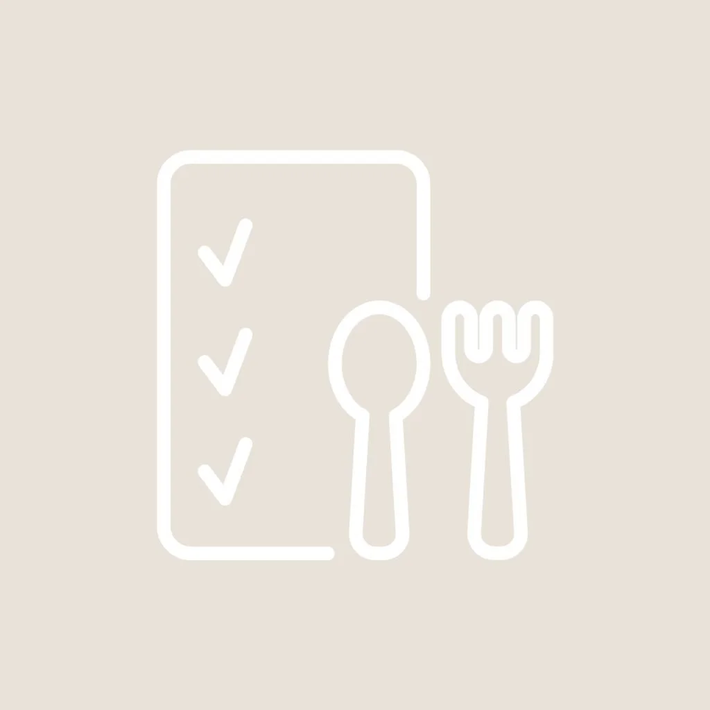 Illustration of a menu with checkmarks, a spoon, and a fork.