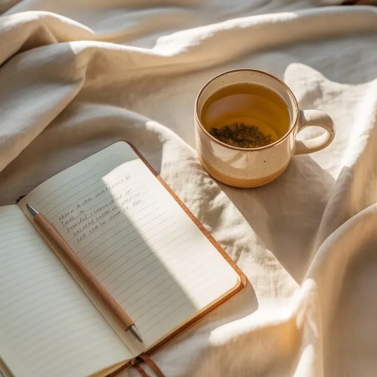 Open notebook with handwritten notes, a pink pen resting on it, and a beige ceramic mug filled with tea, all placed on a light-colored fabric surface, illuminated by natural sunlight.
