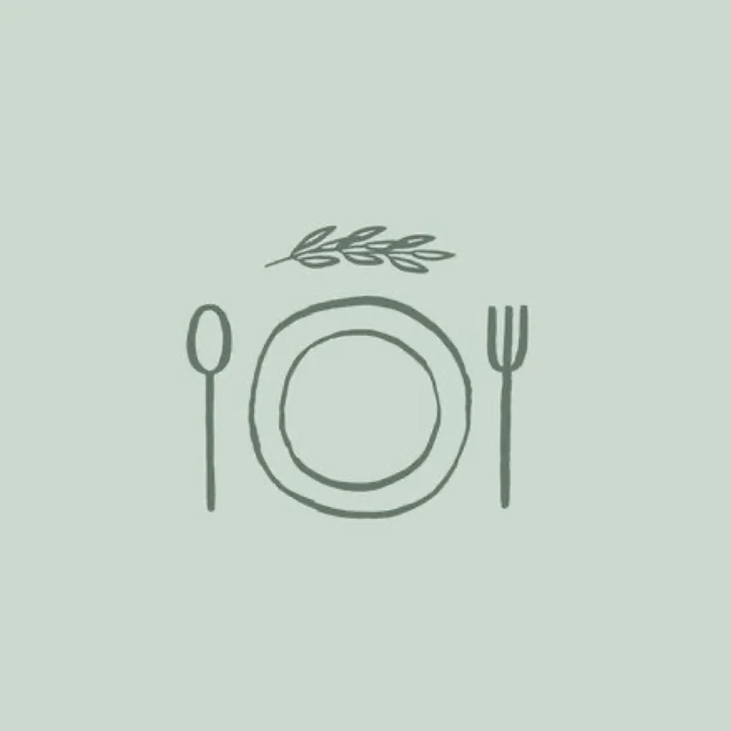 Simple illustration of a plate, spoon, fork, and a wheat stalk above the plate on a light green background.