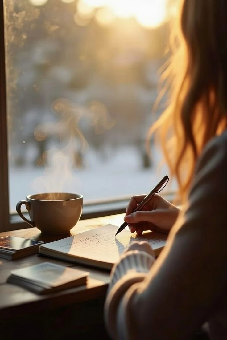 A woman writes in a notebook with a pen while sitting at a wooden table near a window with steam rising from a mug of coffee. The scene appears to be during sunset or sunrise, with warm light illuminating her hair and the table.