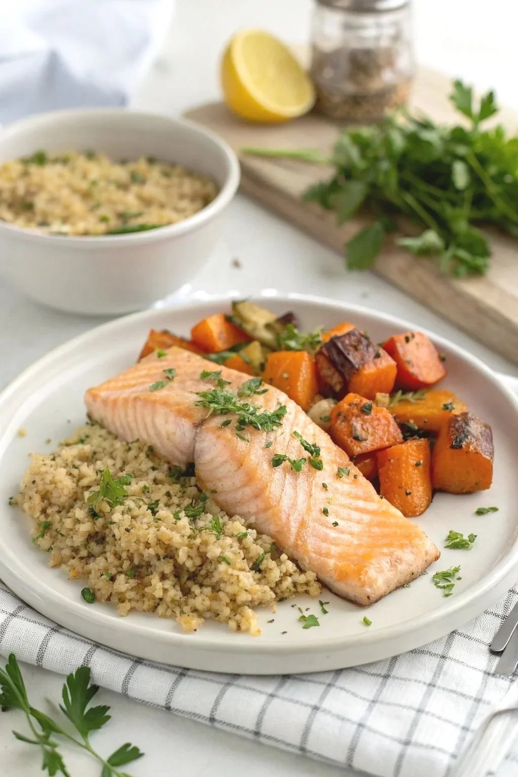 Plate with baked salmon, roasted sweet potatoes, and quinoa. In the background, a bowl of quinoa and a lemon half on a cutting board with fresh parsley, spices, and herbs.