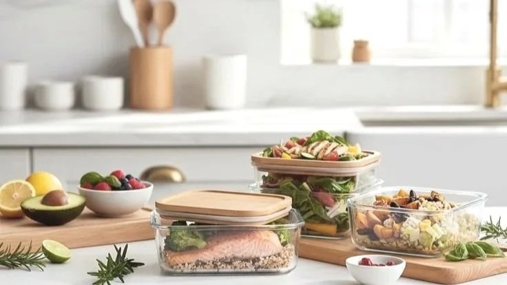 Glass meal prep containers with salad, chicken, and snacks on a kitchen countertop