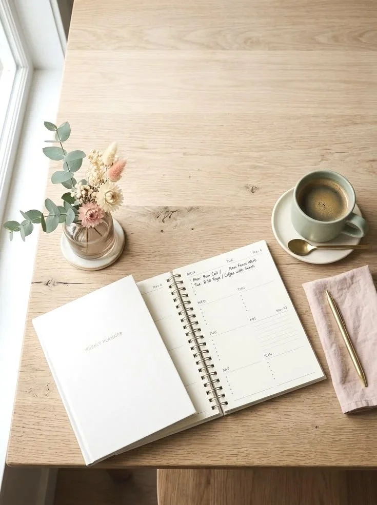 A light wooden table with a vase of pink and white flowers and eucalyptus leaves, an open weekly planner, a cup of coffee with a saucer and spoon, a gold pen on a pink cloth napkin, and near a window.