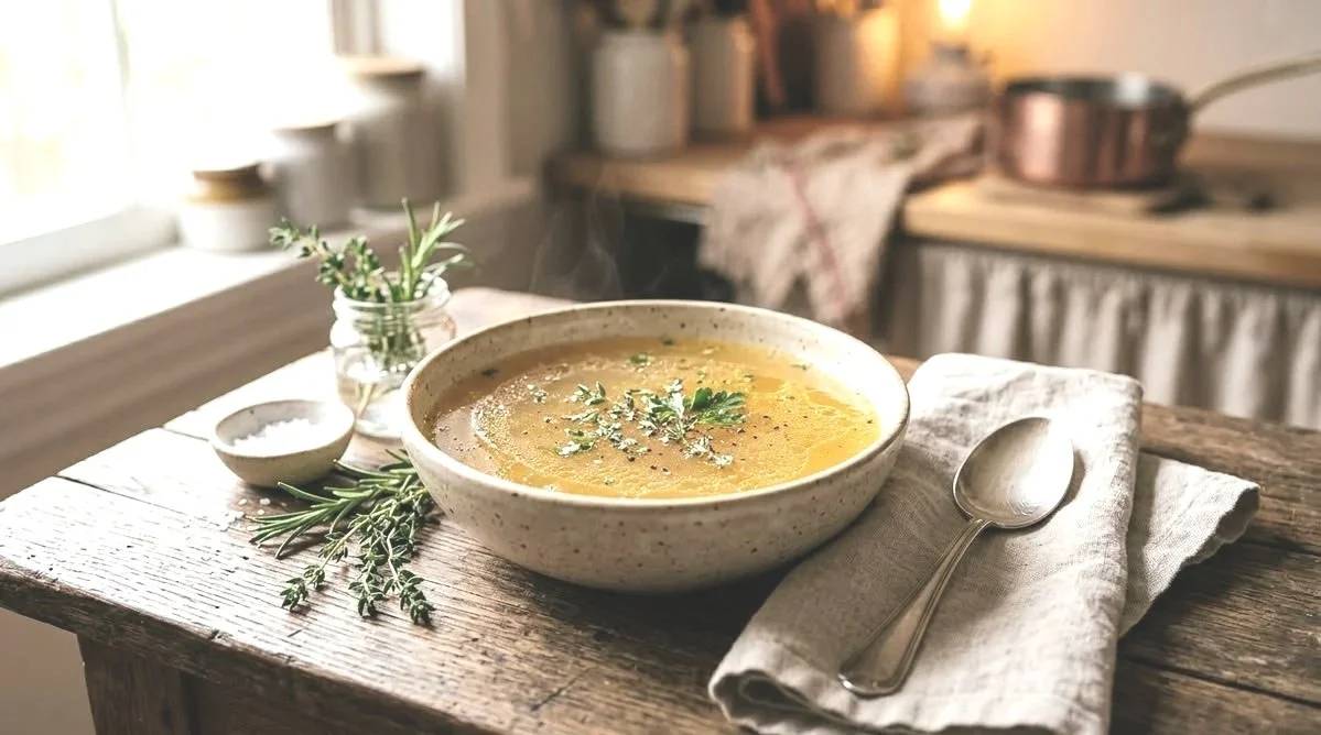 A bowl of soup garnished with herbs on a wooden table with a spoon, a small jar of herbs, and a bowl of salt nearby, with a rustic kitchen in the background.