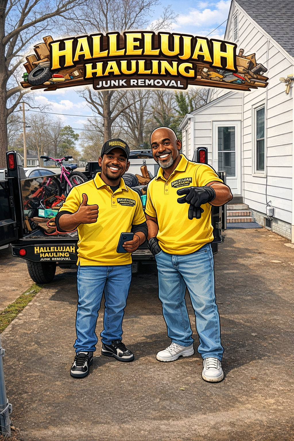 Two smiling men in yellow shirts with 'Hallelujah Hauling' logo standing in front of a black truck filled with junk, including a pink bicycle. One man is giving a thumbs up, and the other is pointing. They are outside a white house on a clear day with leafless trees in the background.
