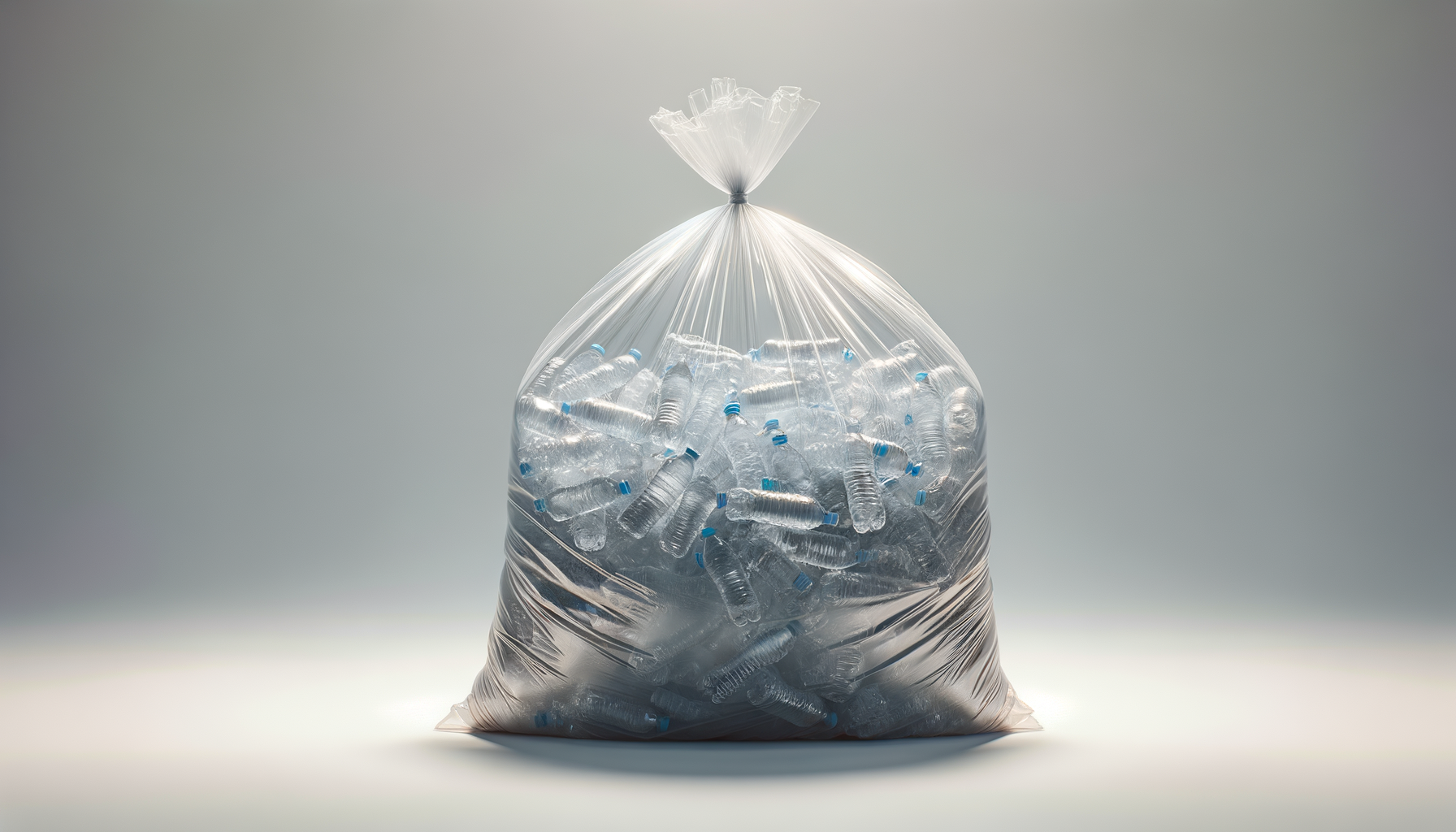A large transparent plastic bag filled with empty plastic water bottles, sealed at the top with a twist tie, placed on a plain surface against a neutral background.