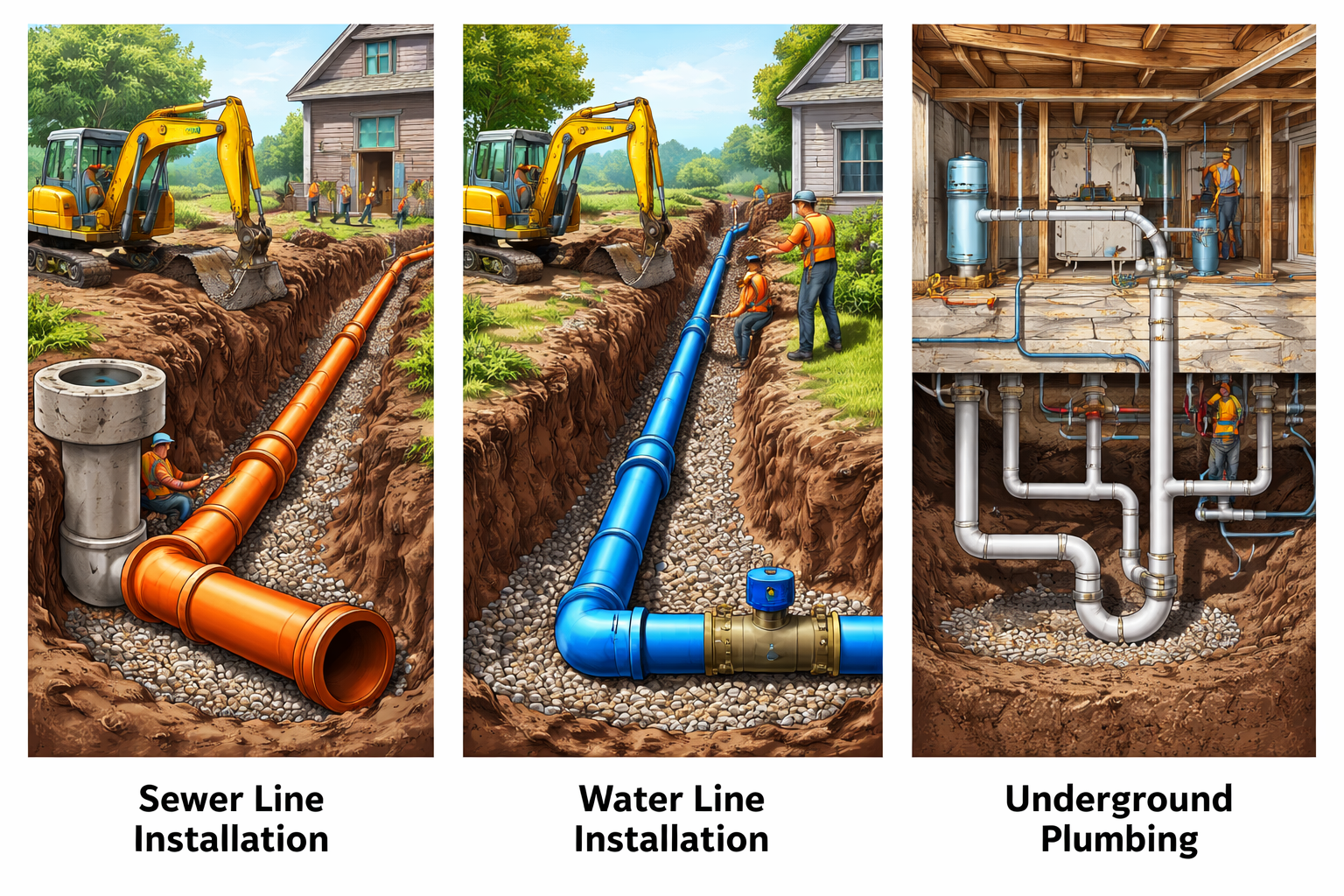 Illustration showing three stages of underground utility installation: left side depicts sewer line installation with orange pipes, middle shows water line installation with blue pipes, right side illustrates underground plumbing with pipes and workers performing maintenance.