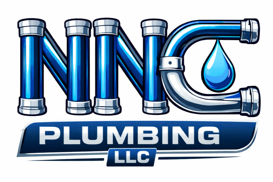Logo for Nino Plumbing LLC featuring stylized blue pipes arranged to spell out 'Nino' with a water droplet, and the words 'Plumbing LLC' below.