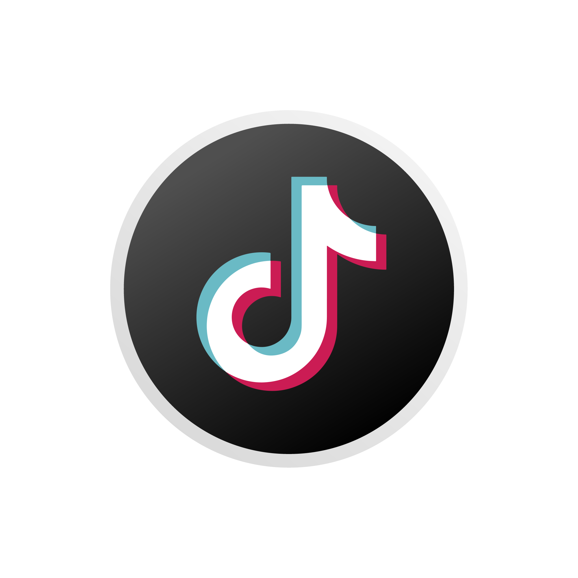 TikTok logo in black, white, pink, and blue colors on a black circular background.
