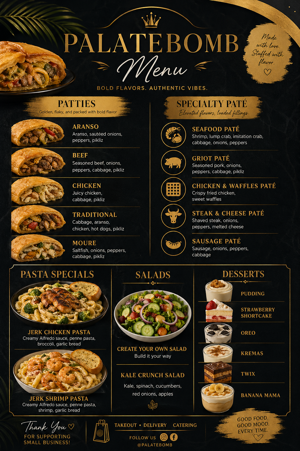 Palate Bomb Haitian and American fusion menu with patties, seafood paté, jerk chicken pasta, salads, and desserts in Miami Gardens FL