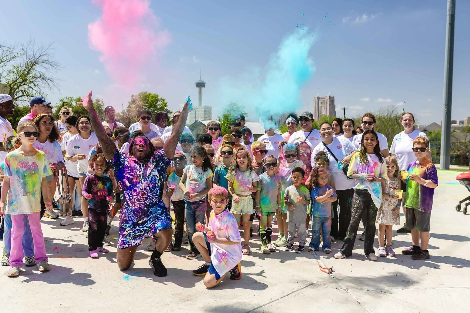 Color powder celebration at a Pearl Street Church family event in San Antonio