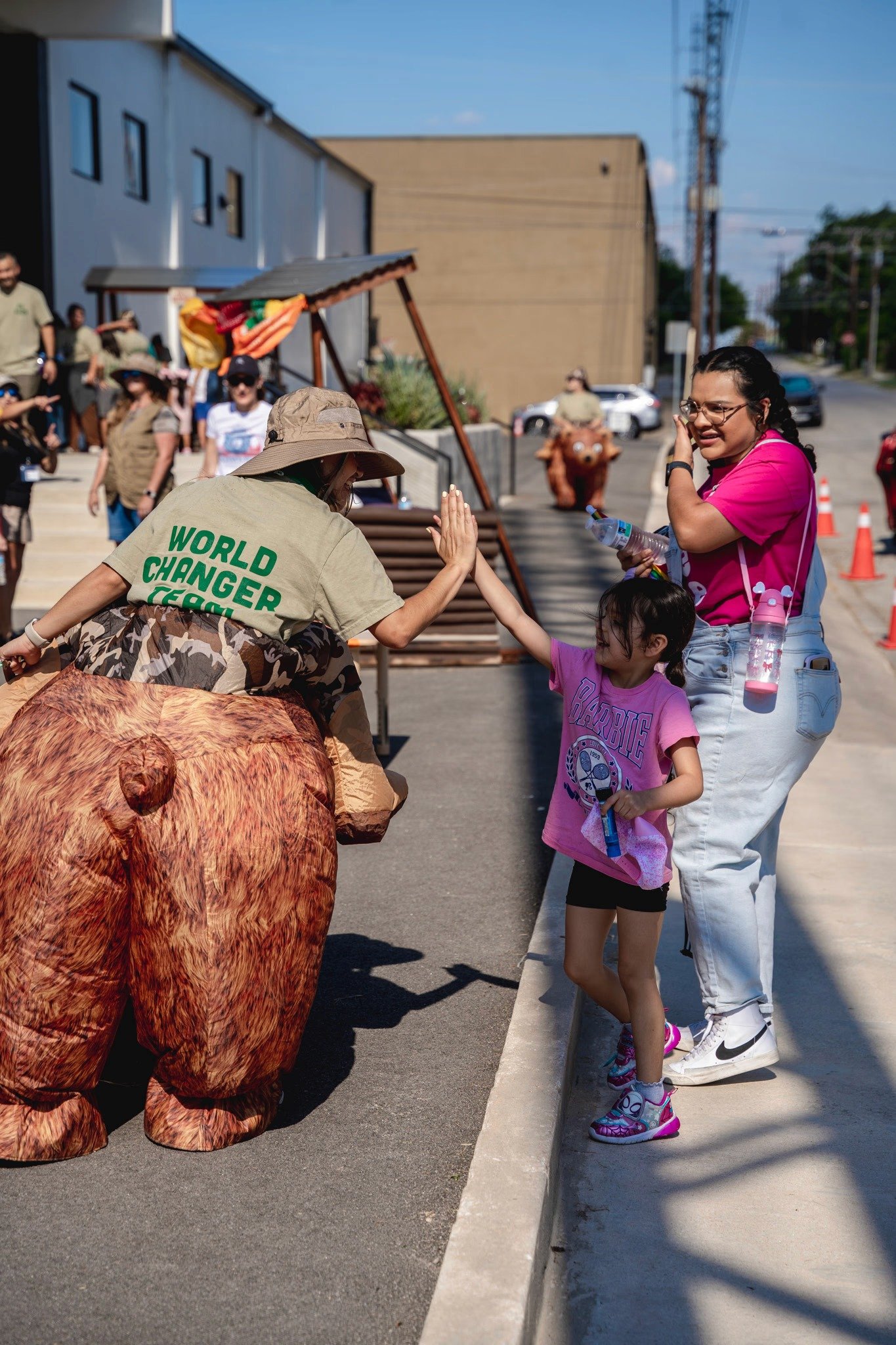 Mascot greeting kids at a Pearl Street Church family event in San Antonio
