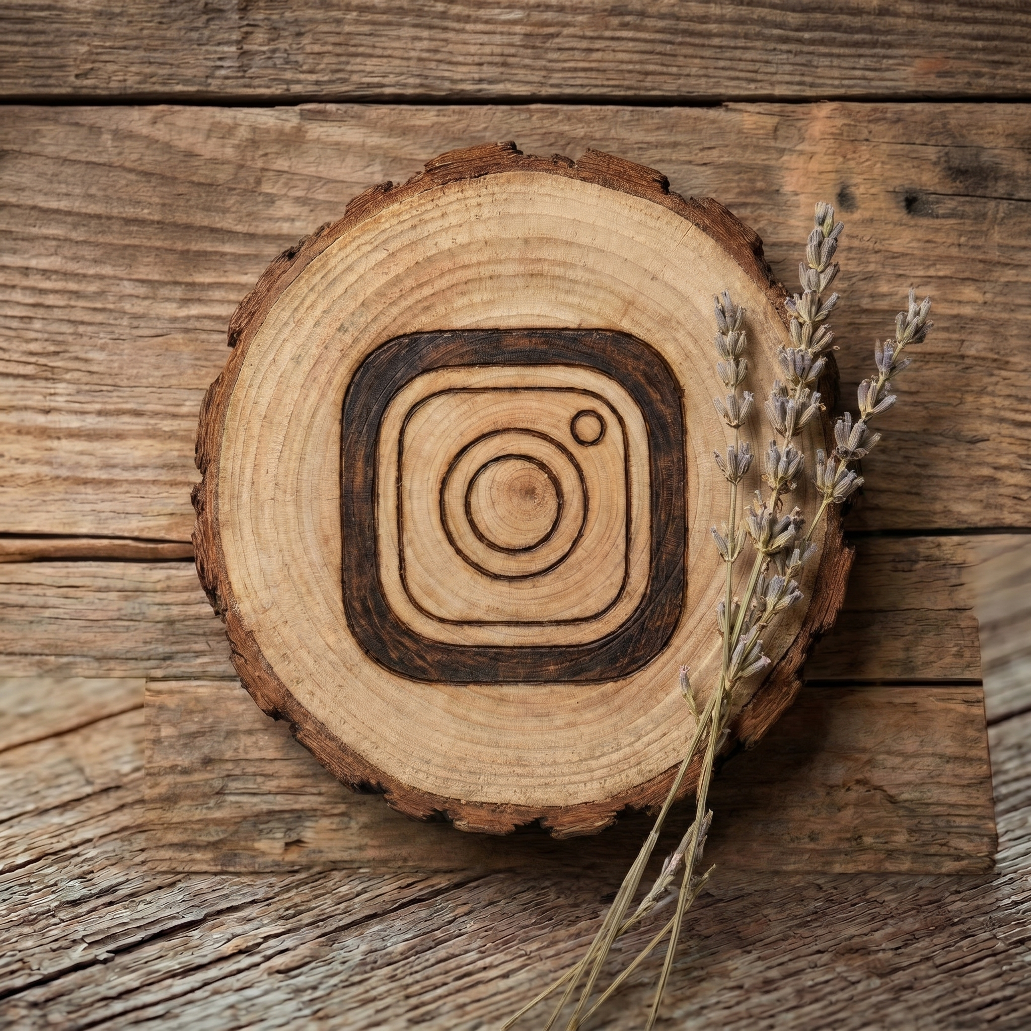 Close-up of a cross-section of a tree trunk placed on weathered wooden planks with a sprig of lavender flowers beside it.