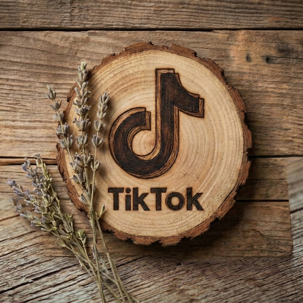 A round wooden slice with the TikTok logo engraved and the word 'TikTok' below it, placed on a wooden surface, with sprigs of lavender on the left side.