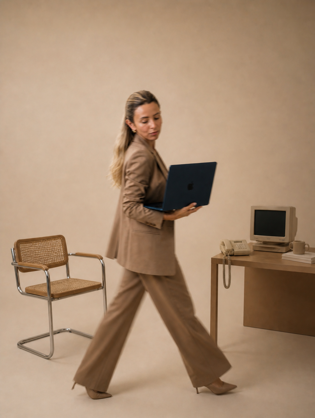A woman in a tan suit walking indoors while holding a blue laptop. There is an empty chair, a beige computer, a telephone, and a mug on a wooden desk in the background.