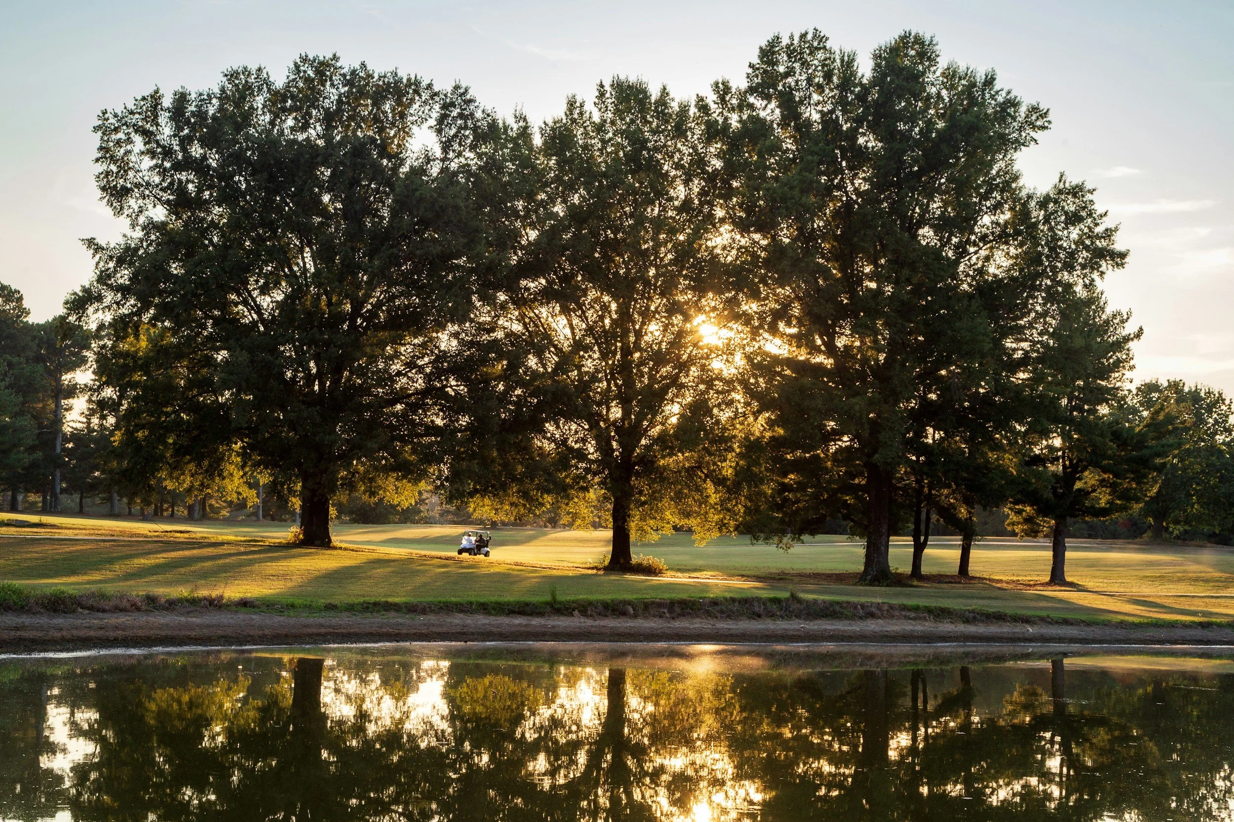The image shows a scenic view of a park at sunset with large trees, a small golf cart on the grassy area, and a body of water reflecting the trees and sky.
