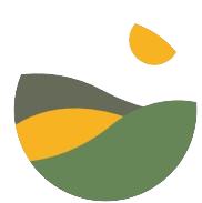 Un logo circulaire avec des formes colorées représentant un paysage stylisé, comprenant des montagnes, un champ et un soleil