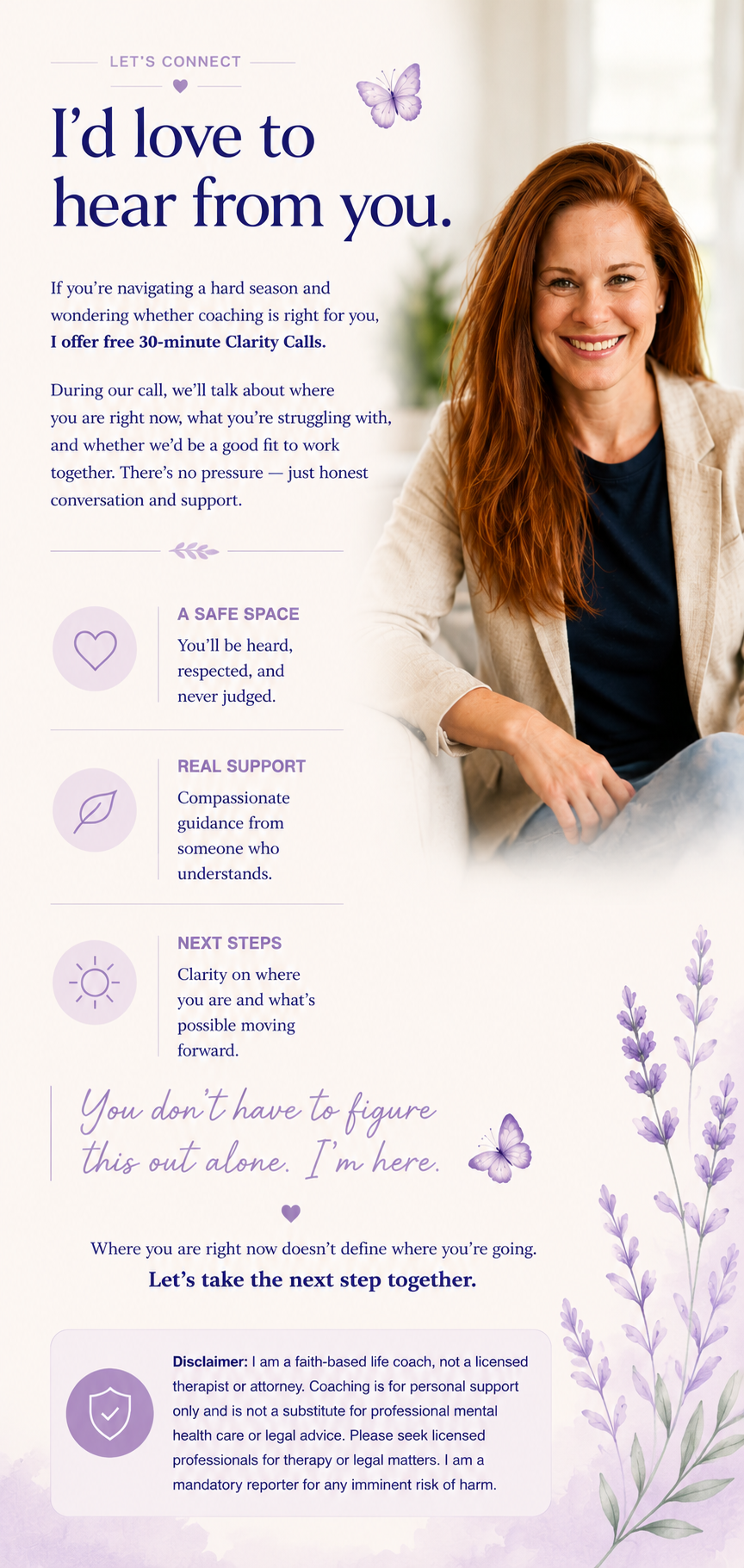 A promotional flyer for coaching support featuring a smiling woman with red hair, lavender and purple floral decorations, and butterfly illustrations, offering free 30-minute clarity calls.