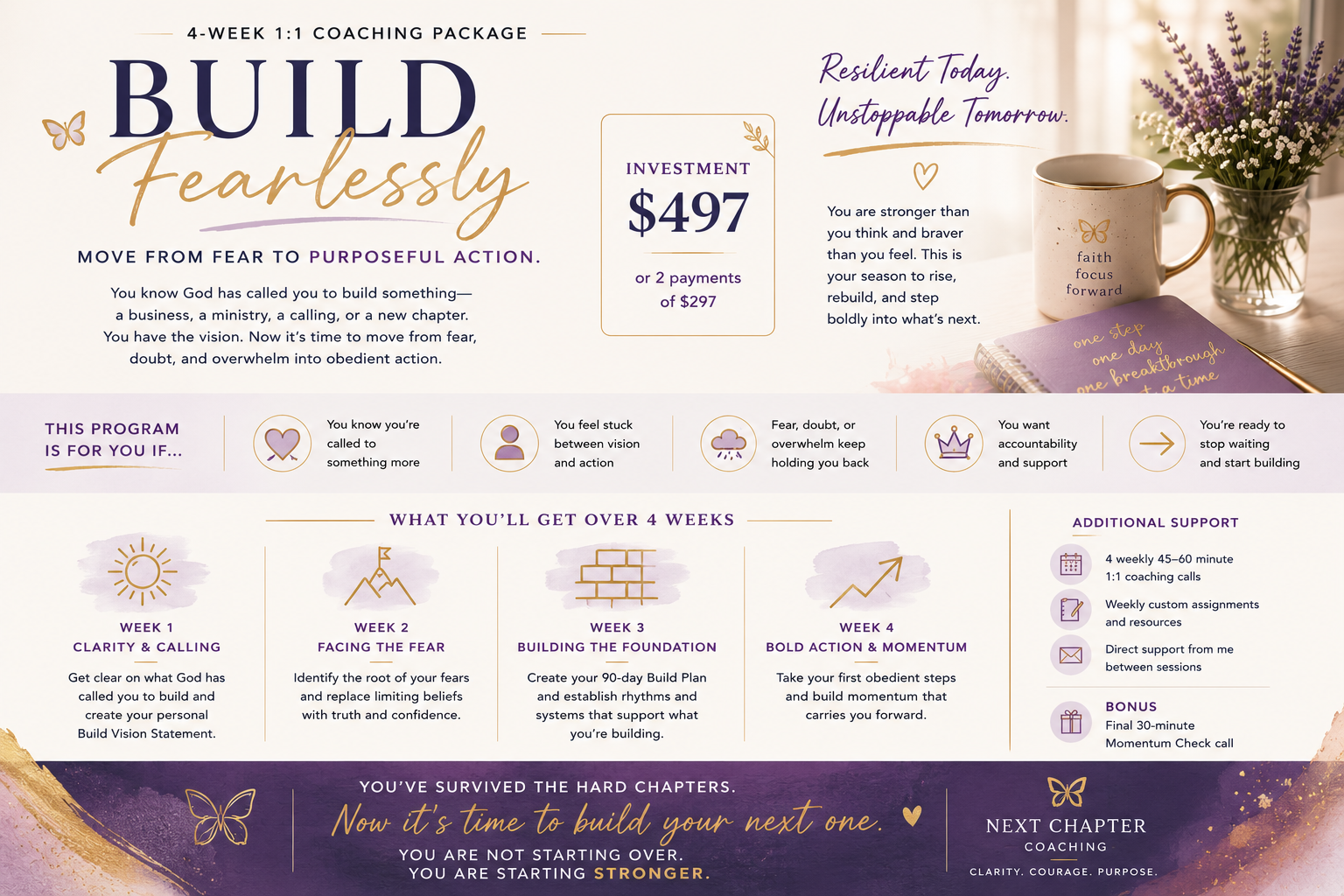 A promotional flyer for a 4-week coaching program titled 'Build Fearlessly.' The flyer features inspirational quotes, investment details, and a schedule of weekly topics including clarity, facing fears, building a foundation, and taking action. The background has soft pastel colors with images of a coffee mug, a lavender bouquet, and decorative butterflies.