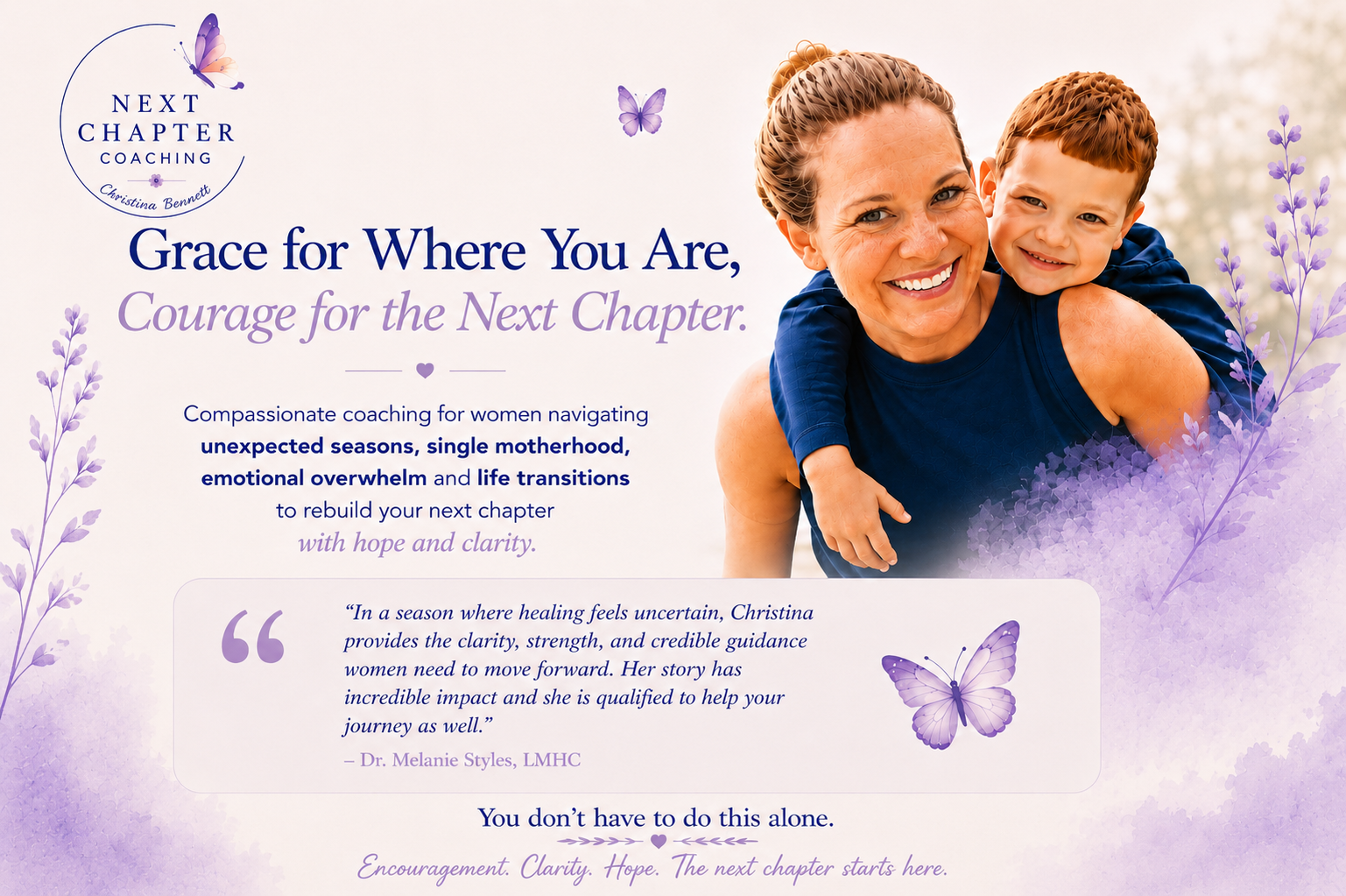A promotional graphic for Christina Bennett's coaching services featuring a smiling woman with a young boy on her back, surrounded by purple butterflies and lavender flowers, with text about navigating life transitions as a woman.
