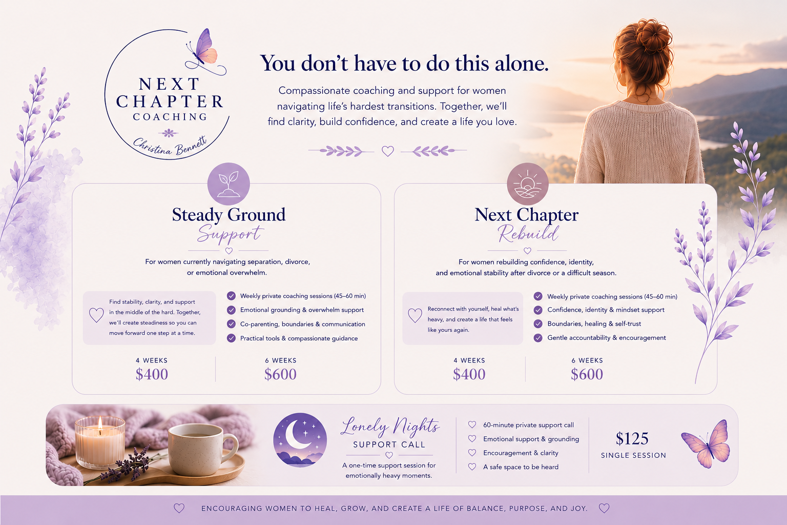 A calm, pastel-colored coaching service flyer for women, featuring support options for separation, divorce, rebuilding confidence, and emotional stability, with pricing and session details, decorative purple flowers, butterflies, a candle, and a cup of tea.