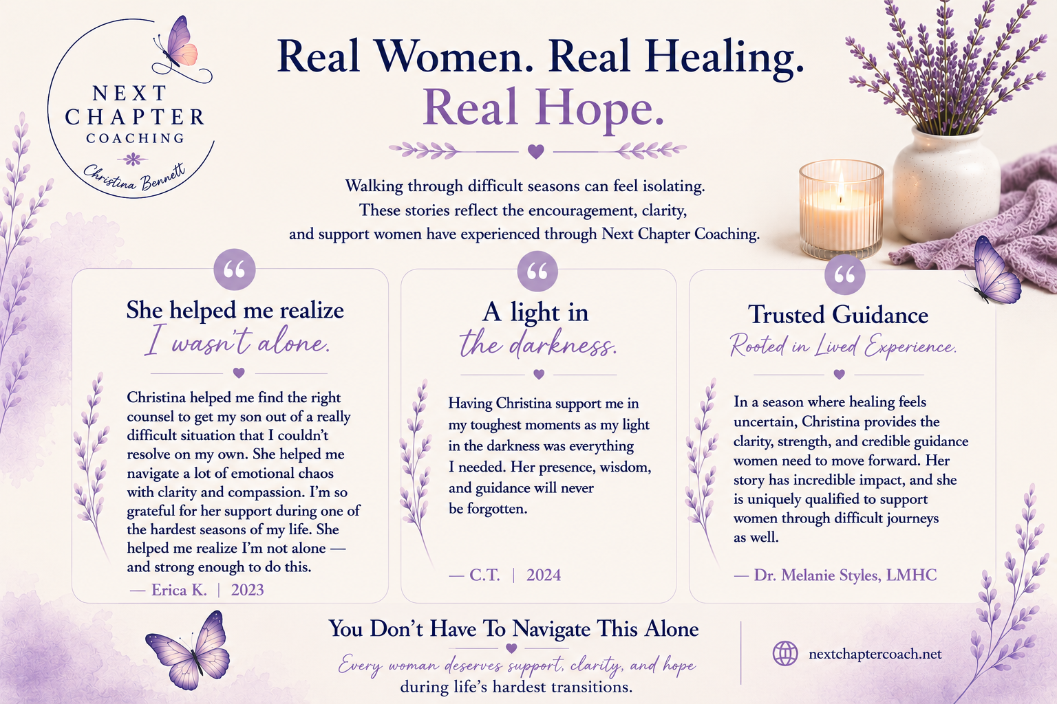 A lavender-themed motivational graphic featuring quotes of support and encouragement for women, with lavender sprigs, butterflies, a lit candle, and a vase of lavender flowers.