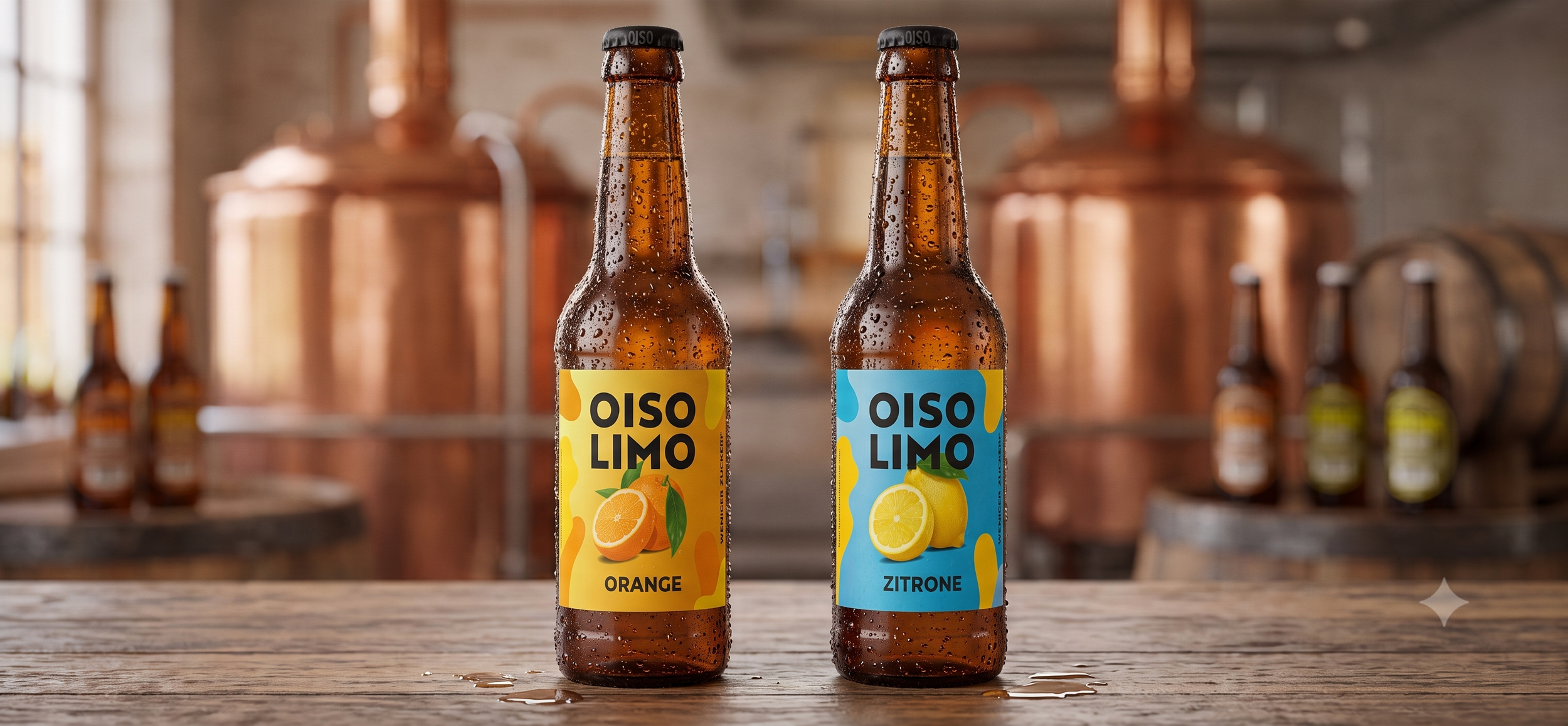 Zwei Flaschen Limonade mit Zitronen- und Orangengeschmack auf einem Holztisch, im Hintergrund Kupferkessel.