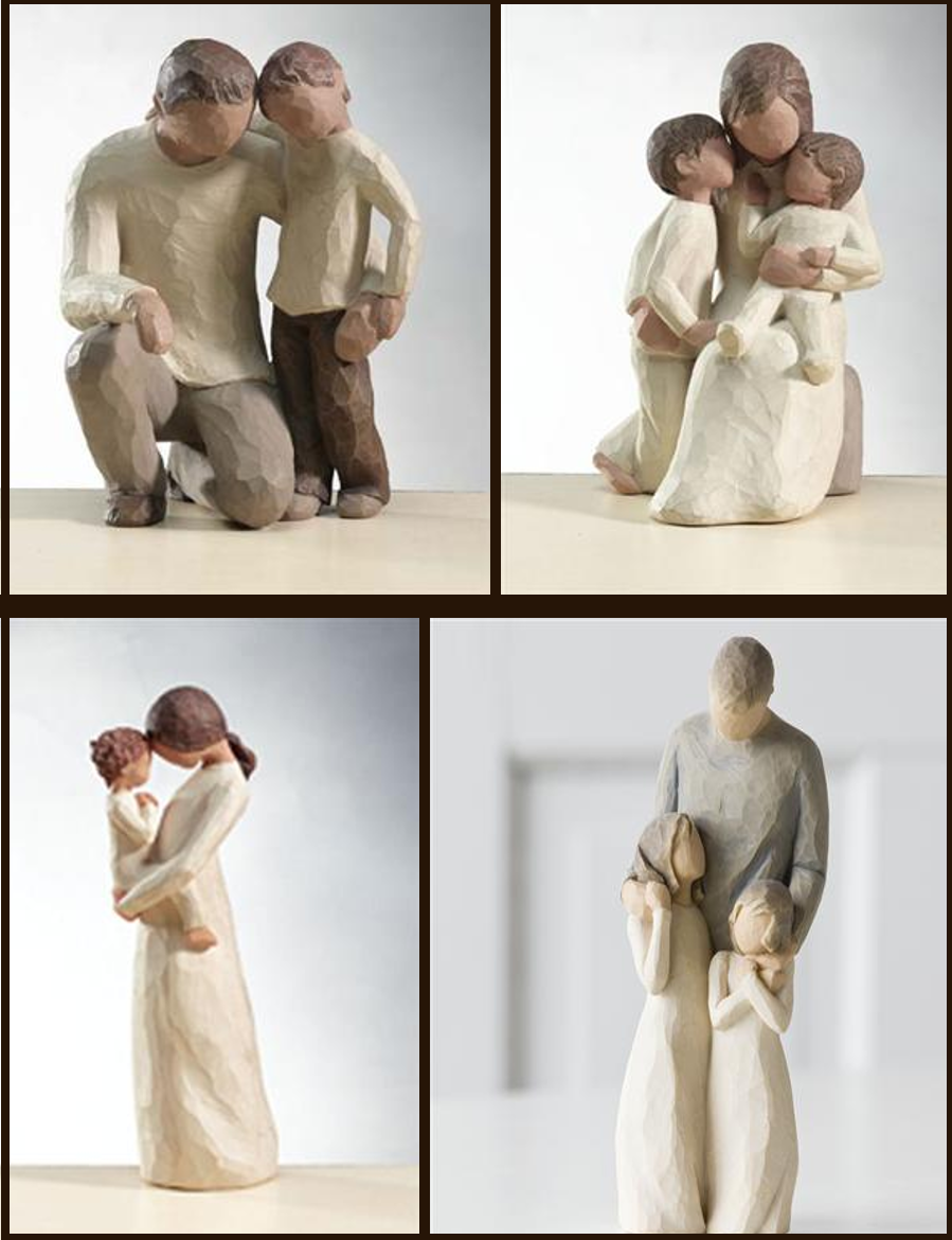 Wooden sculptures depicting parents with their children in various tender moments.