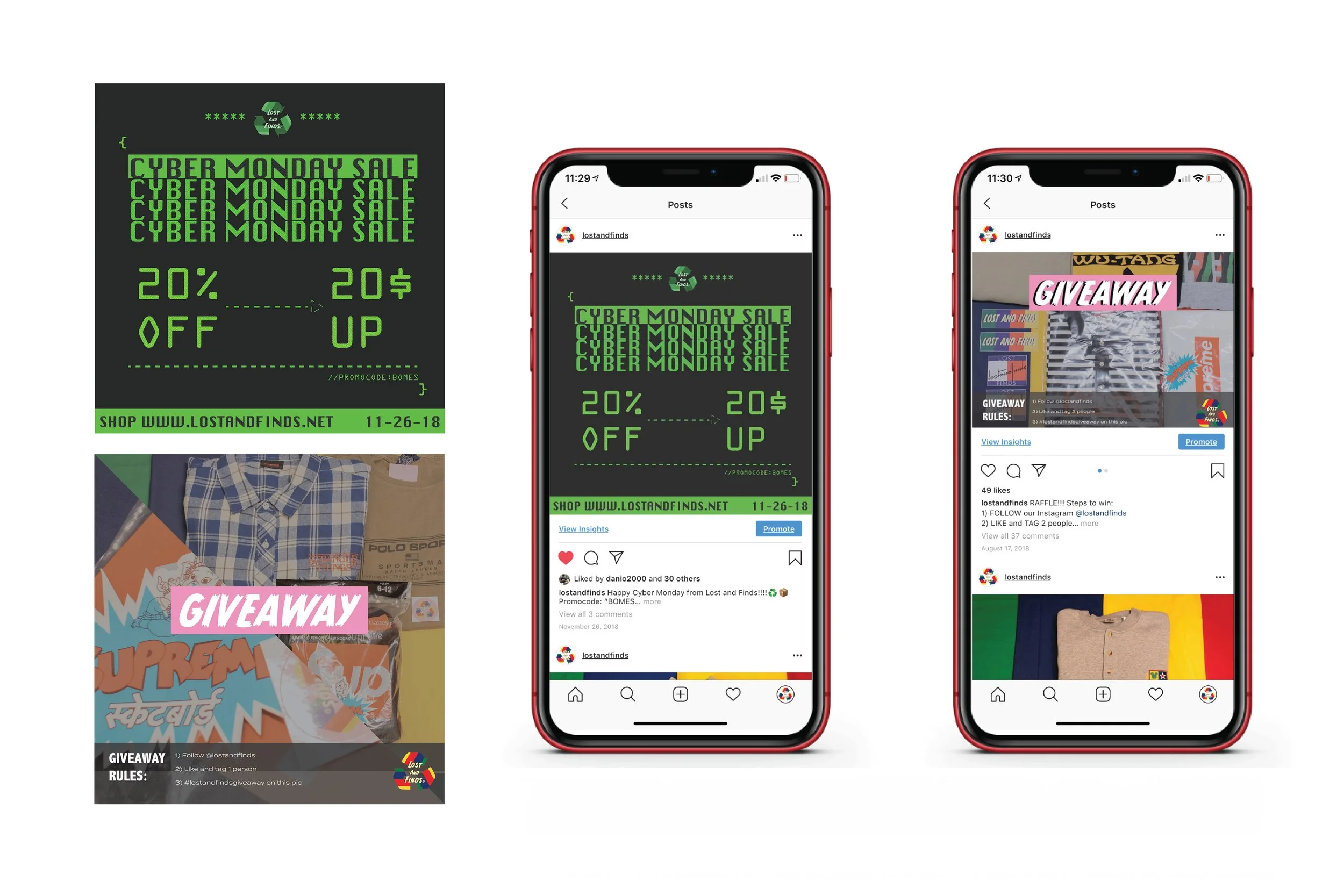 A digital collage featuring a Cyber Monday sale advertisement, a giveaway post, and an Instagram post, all related to a clothing and accessories giveaway event.