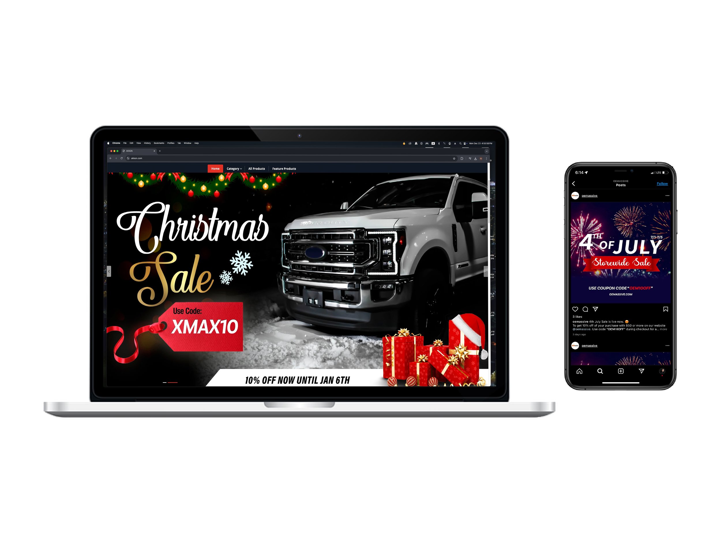 Laptop and smartphone displaying promotional images for a Christmas sale and a Fourth of July sale, with holiday-themed graphics and offers.