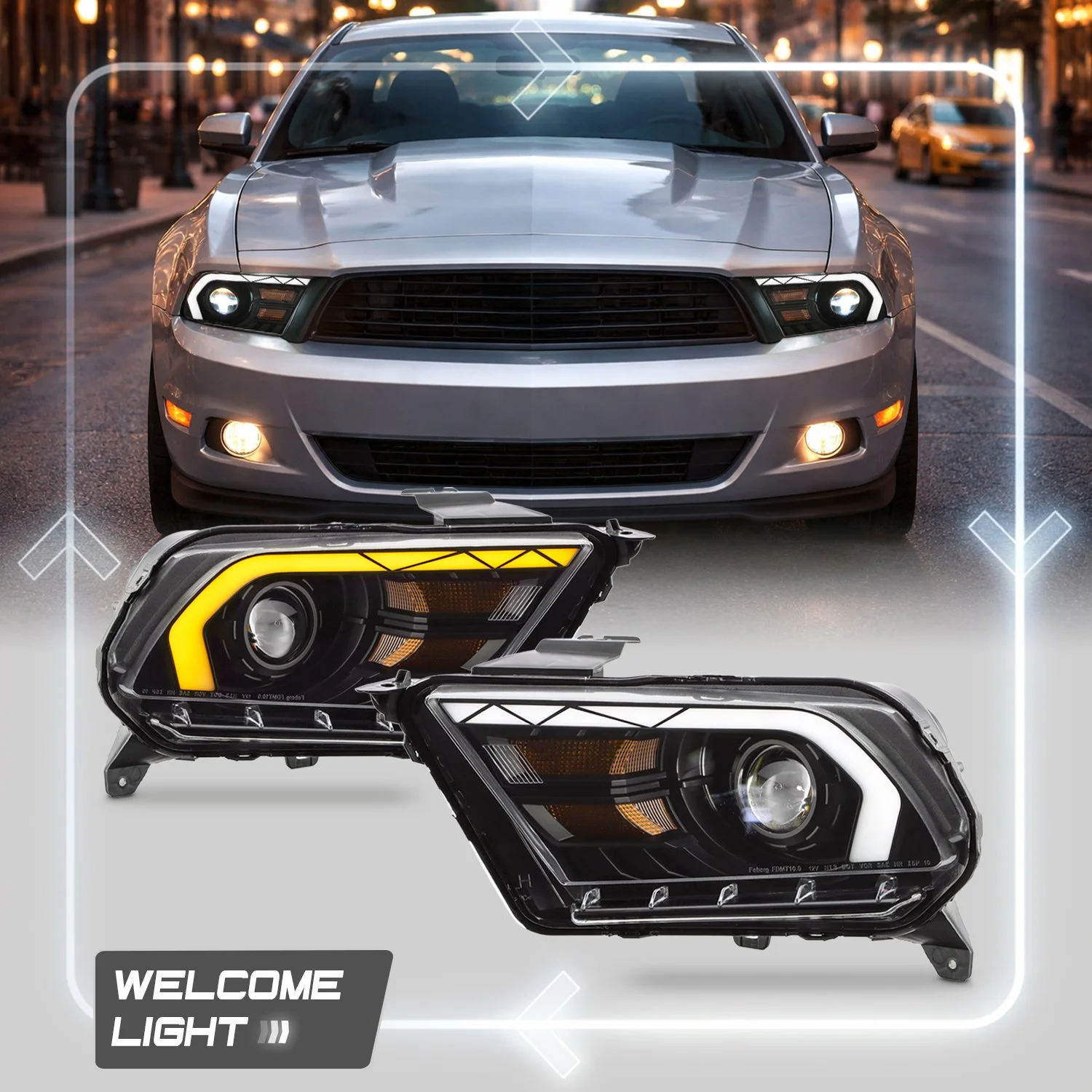 Custom-designed promotional layout showcasing LED headlight features with integrated vehicle scene and dynamic lighting presentation.