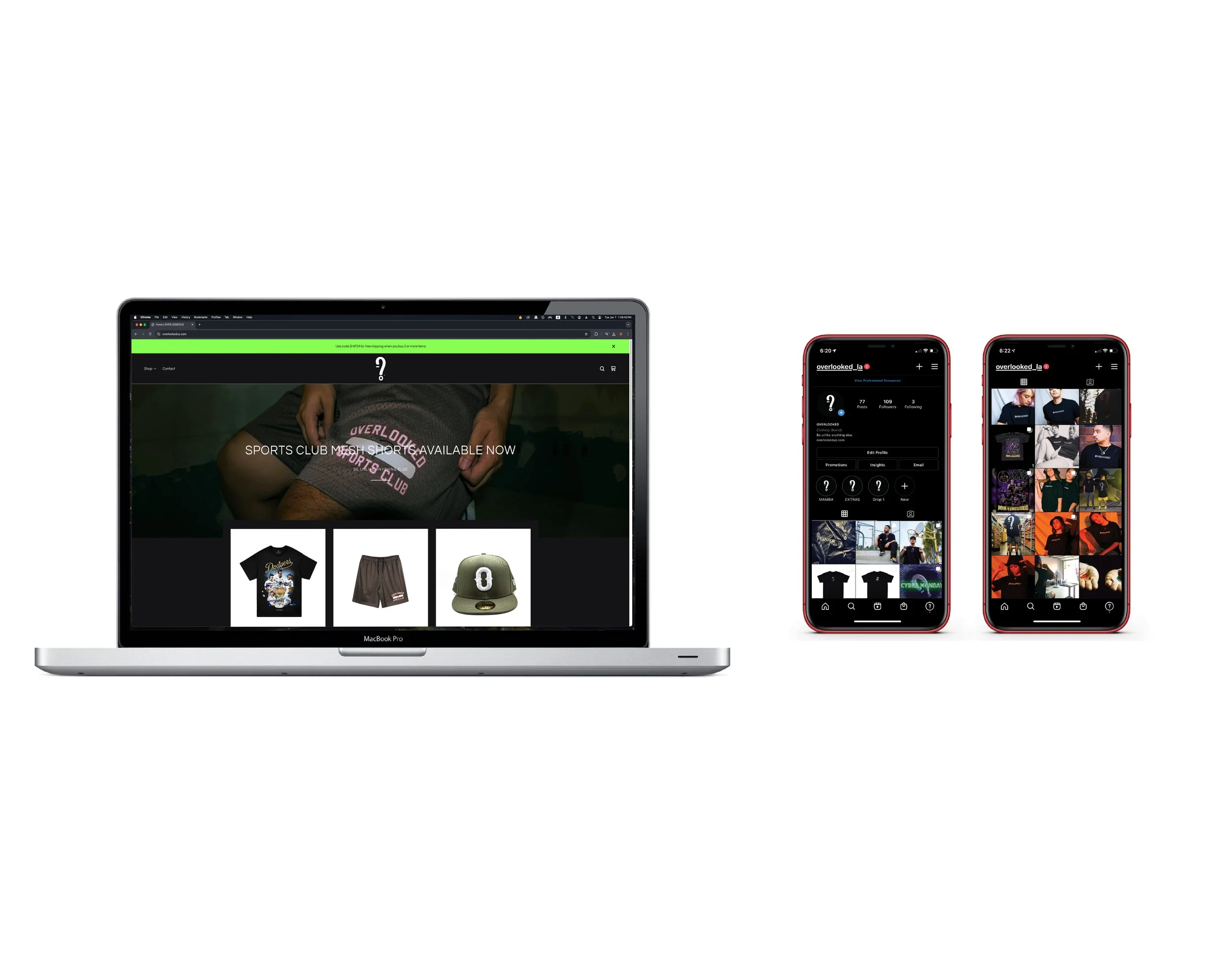 Laptop displaying an online store for sports club merchandise, with T-shirts, shorts, and hats. Two smartphones showing social media profiles with photos of a person and various images.