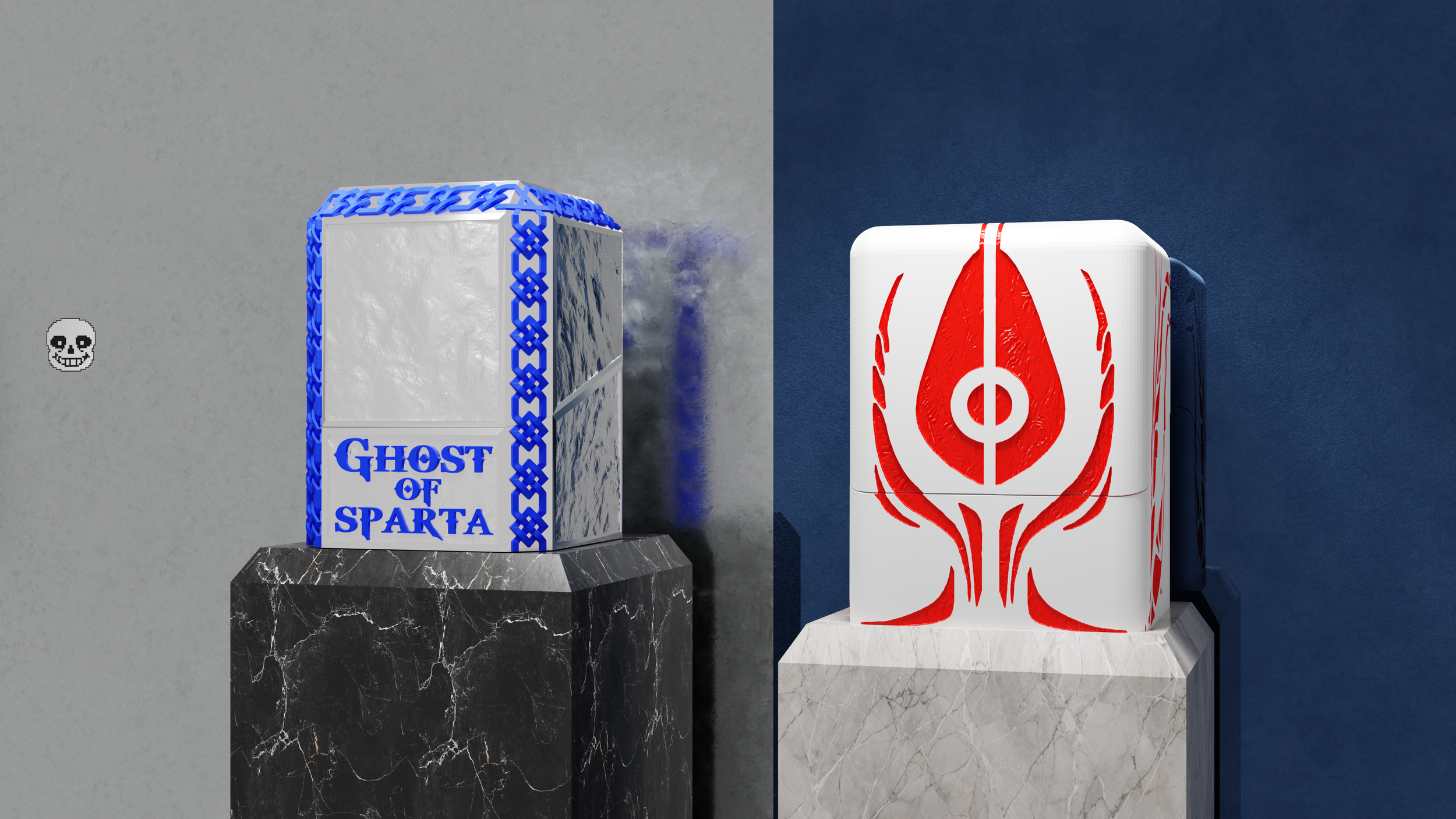 A 3D rendering of two decorative boxes on marble pedestals. The left box is silver with blue chain links around its edges and the words "GHOST OF SPARTA" on its front, set on a black marble base. The right box is white with red tribal designs, set on a white marble base.