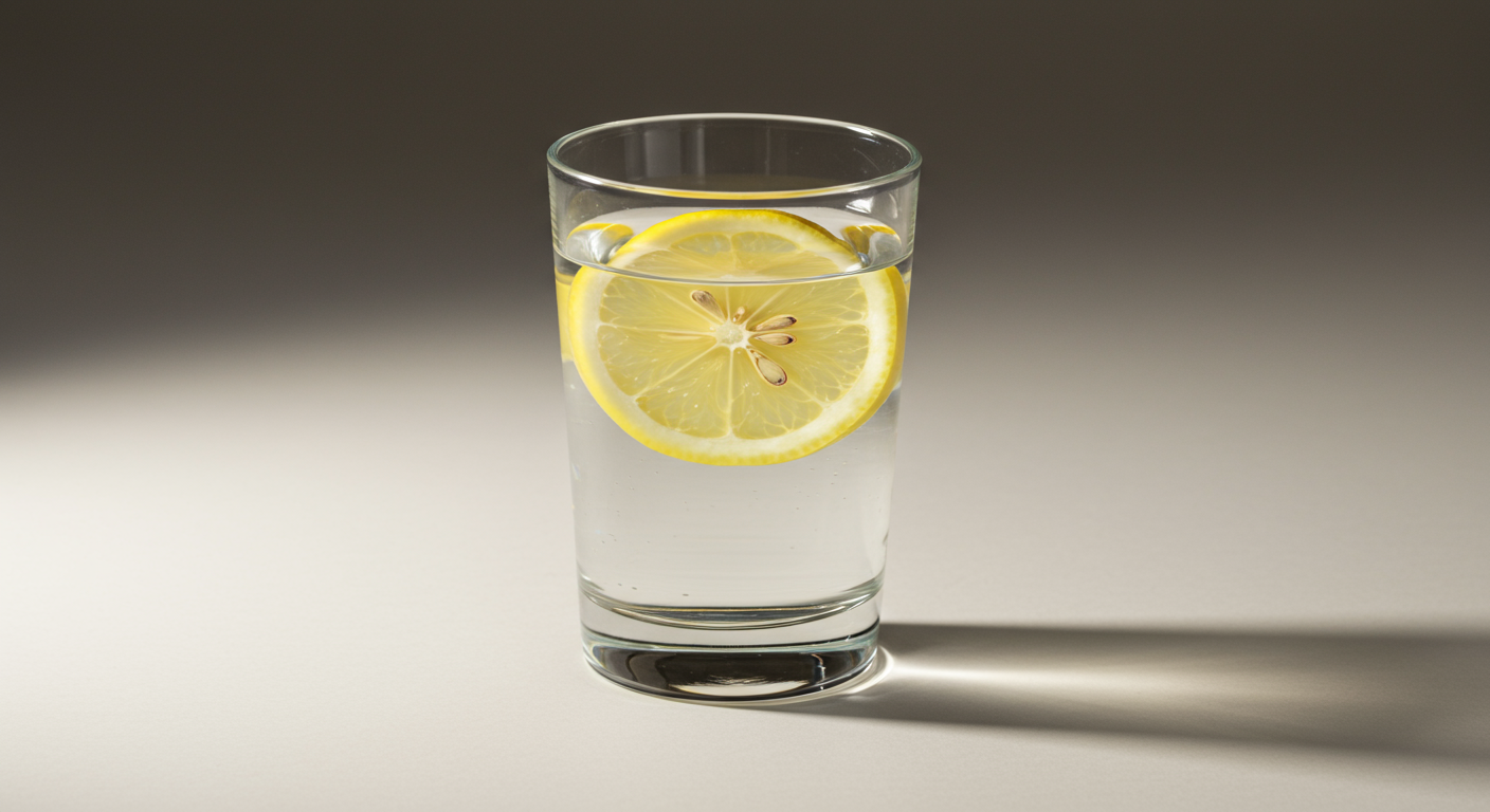 A clear glass of water with a floating lemon slice, casting a shadow to the right.