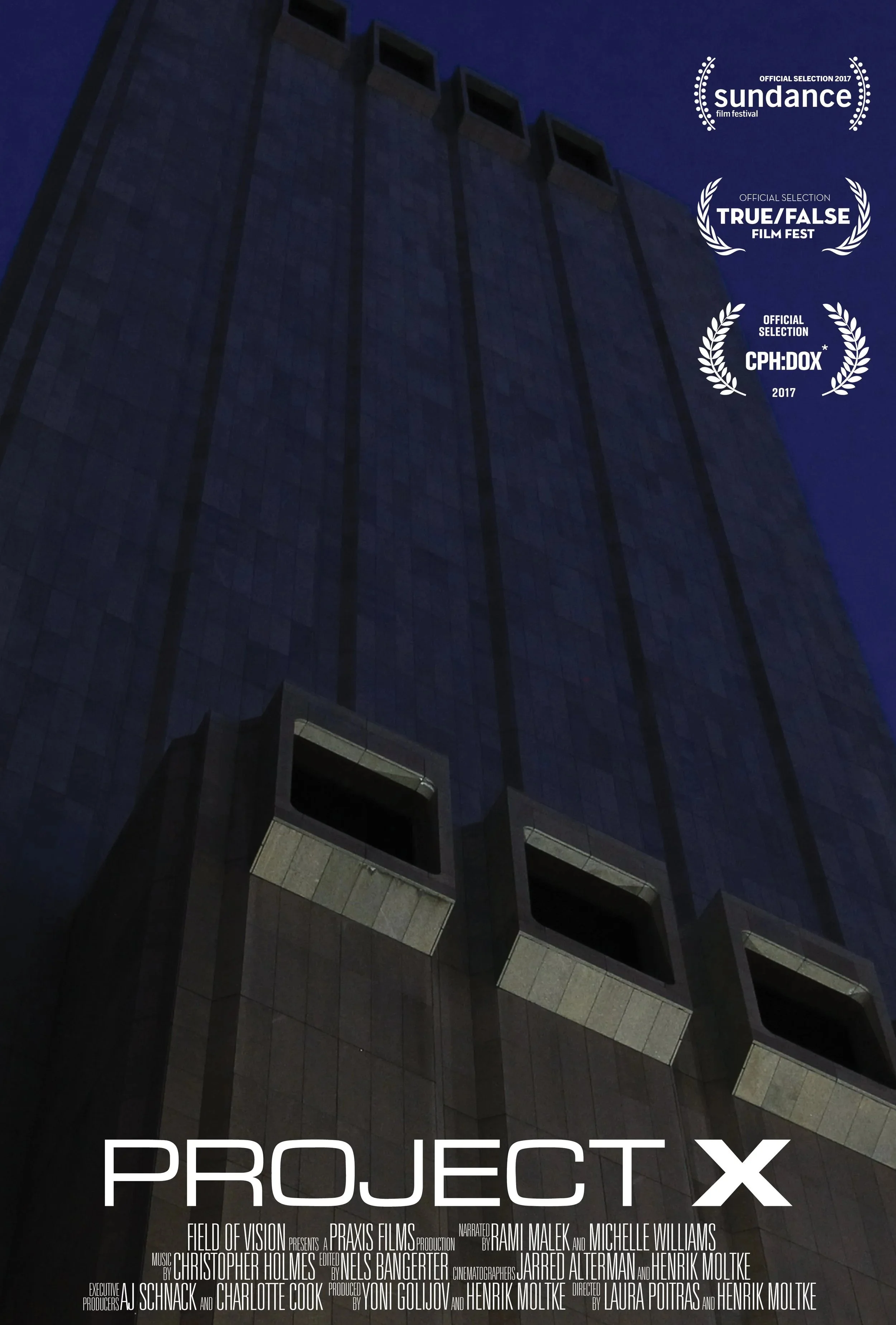 Film poster for 'Project X' featuring a nighttime view of a tall windowless building in the brutalist architecture style, against a dark blue sky, with film festival awards and billing block.