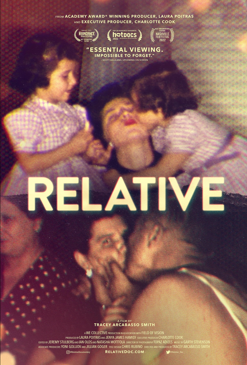 Poster for the documentary film 'Relative' by Tracey Smith featuring images from home film footage of family members. 