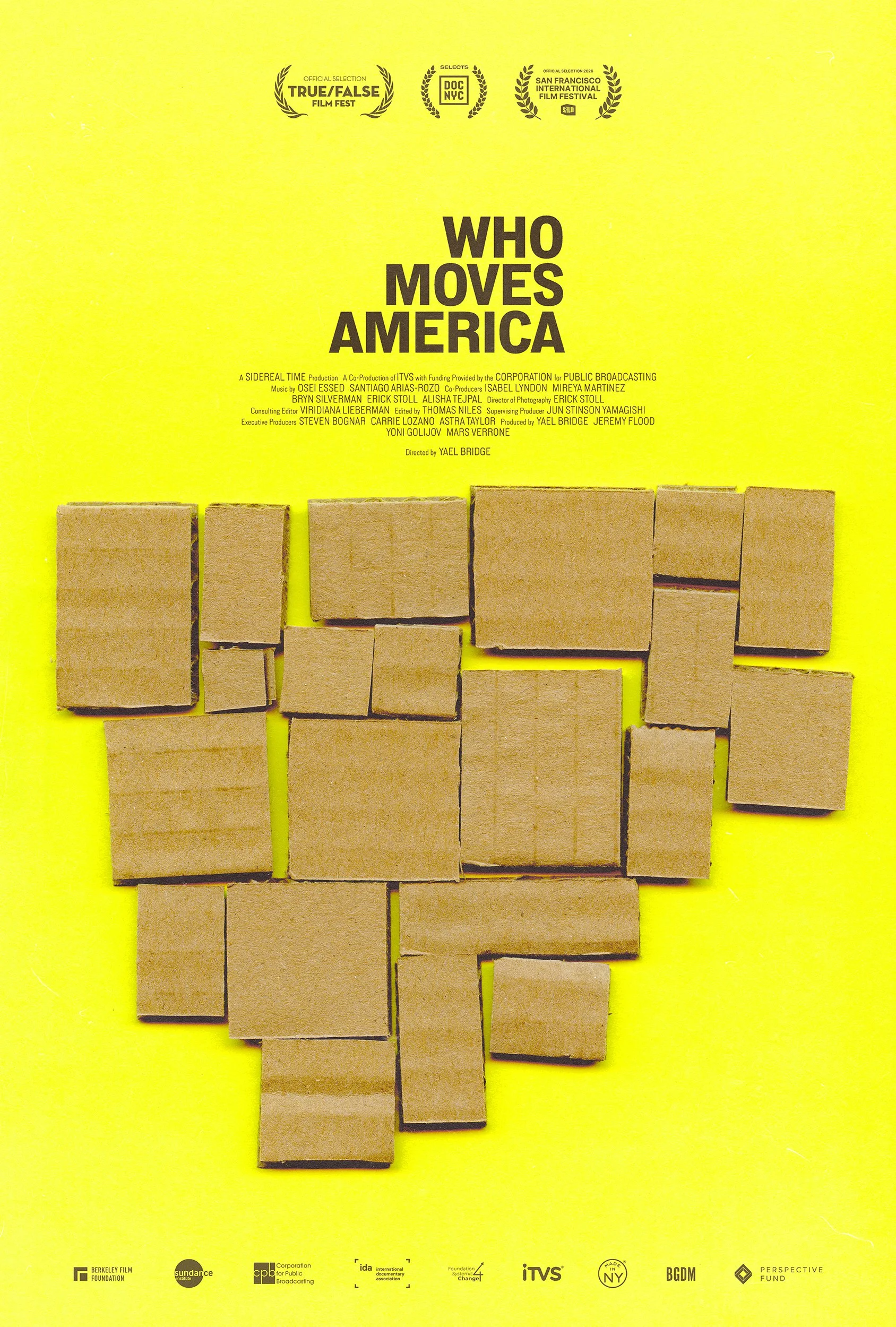 Yellow poster for the film 'Who Moves America' with a collage of small cardboard boxes arranged in an abstract shape, and logos of film festivals and production companies at the bottom.